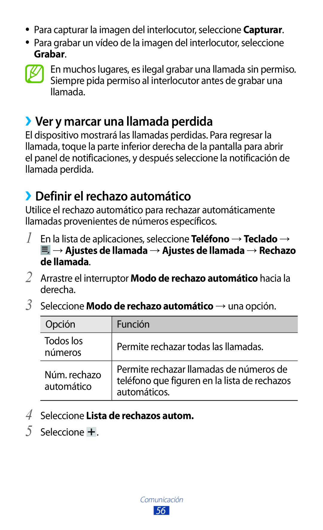 Samsung GT-P3100TSEPHE, GT-P3100ZWAAMN ››Ver y marcar una llamada perdida, ››Definir el rechazo automático, De llamada 