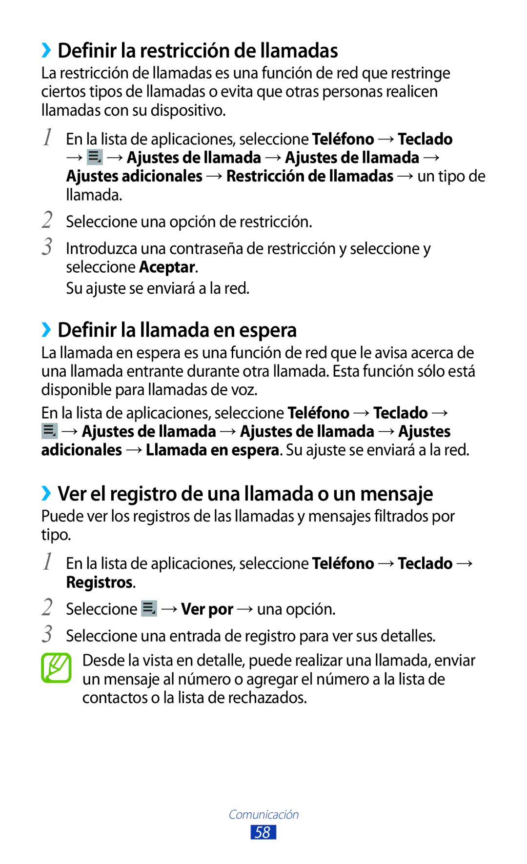 Samsung GT-P3100TSAPRO, GT-P3100ZWAAMN ››Definir la restricción de llamadas, ››Definir la llamada en espera, Registros 