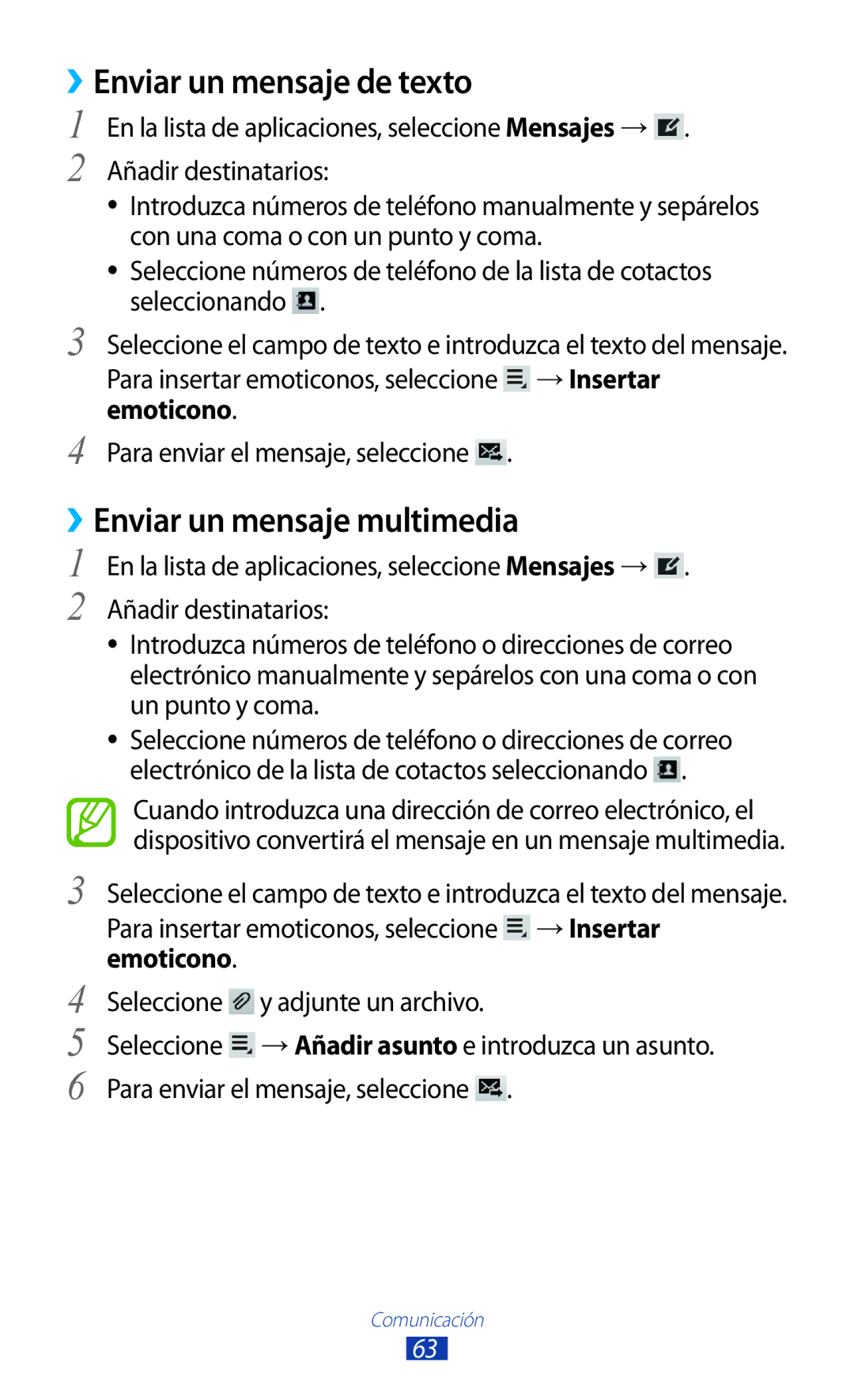 Samsung GT-P3100TSEAMN, GT-P3100ZWAAMN, GT-P3100ZWAPHE manual ››Enviar un mensaje de texto, ››Enviar un mensaje multimedia 