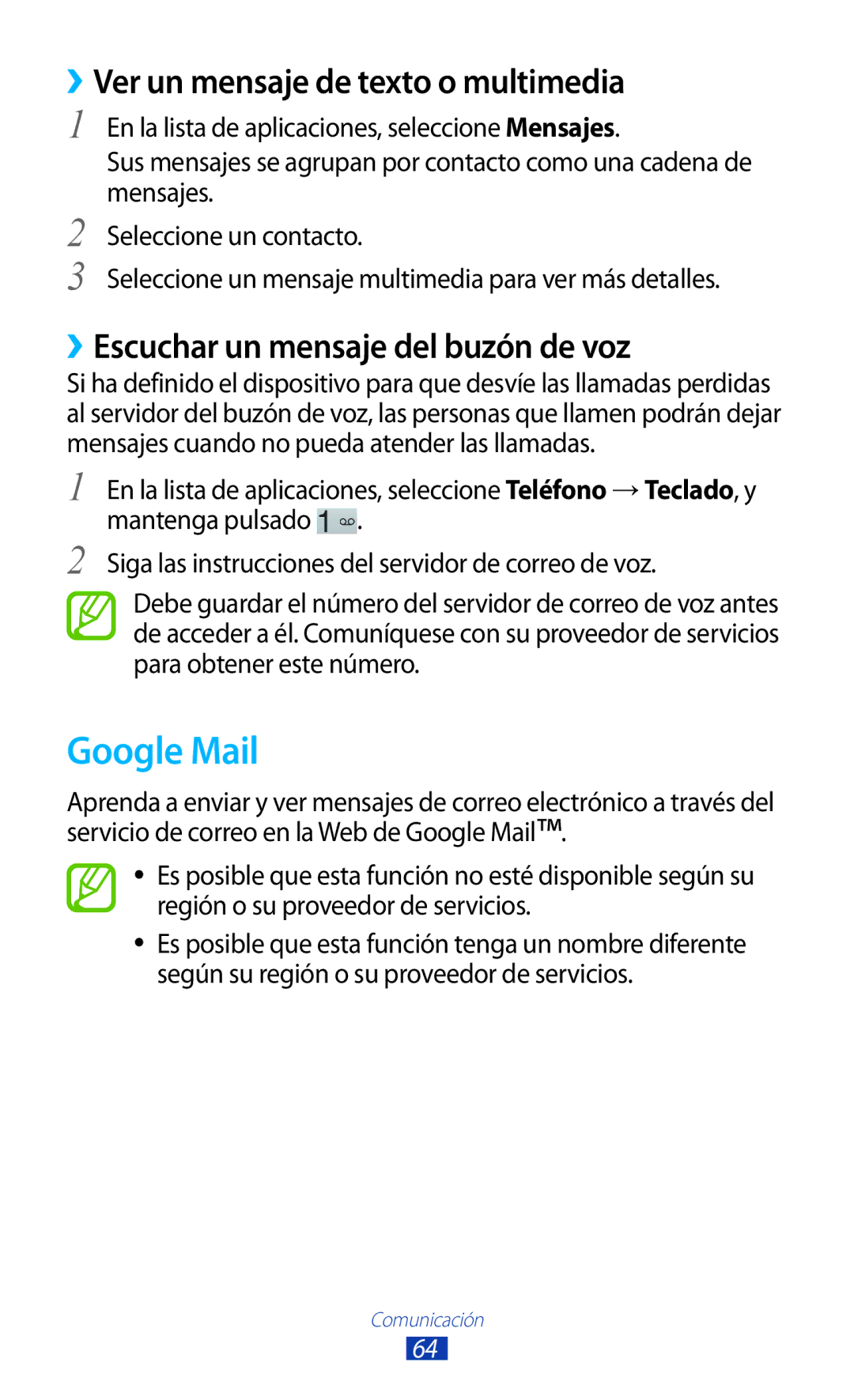 Samsung GT-P3100ZWEAMN manual Google Mail, ››Ver un mensaje de texto o multimedia, ››Escuchar un mensaje del buzón de voz 