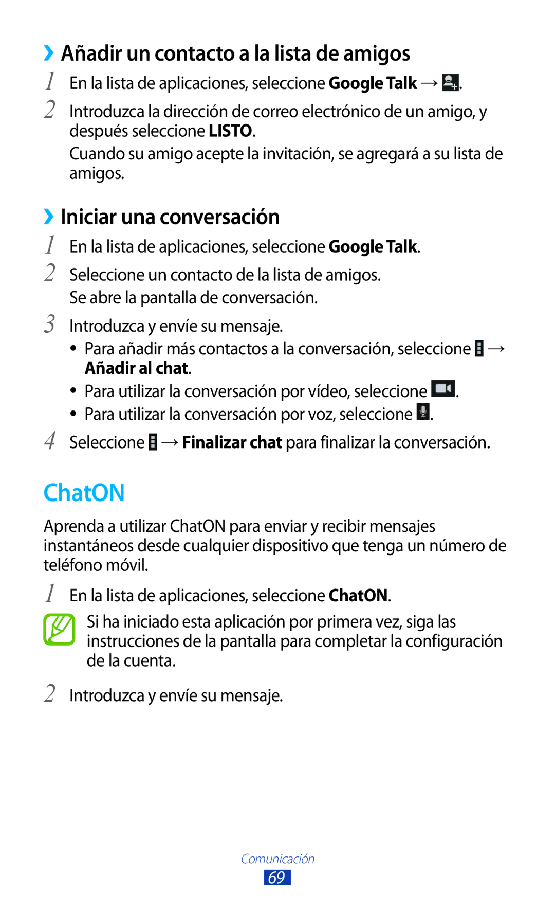 Samsung GT-P3100TSAATL, GT-P3100ZWAAMN manual ChatON, ››Añadir un contacto a la lista de amigos, ››Iniciar una conversación 