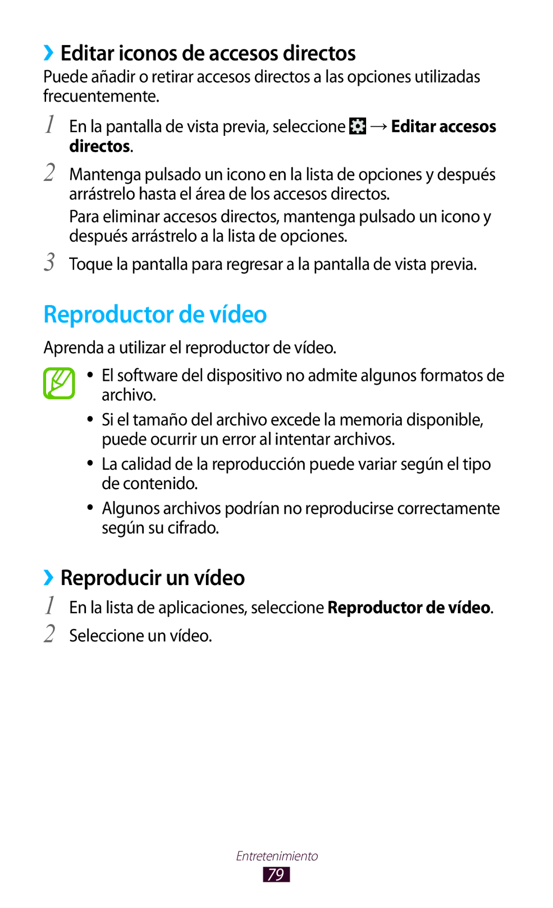 Samsung GT-P3100TSAATL, GT-P3100ZWAAMN, GT-P3100ZWAPHE manual Reproductor de vídeo, ››Editar iconos de accesos directos 