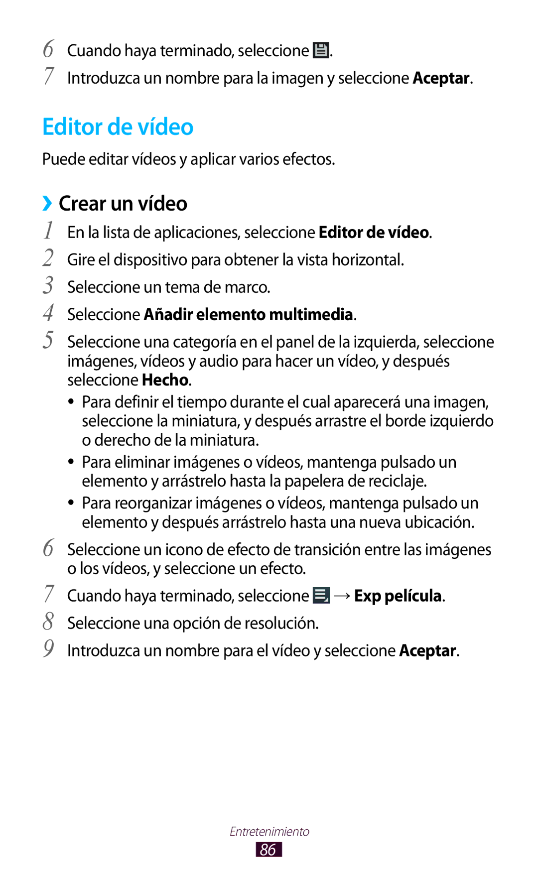 Samsung GT-P3100TSEPHE, GT-P3100ZWAAMN manual Editor de vídeo, ››Crear un vídeo, Seleccione Añadir elemento multimedia 