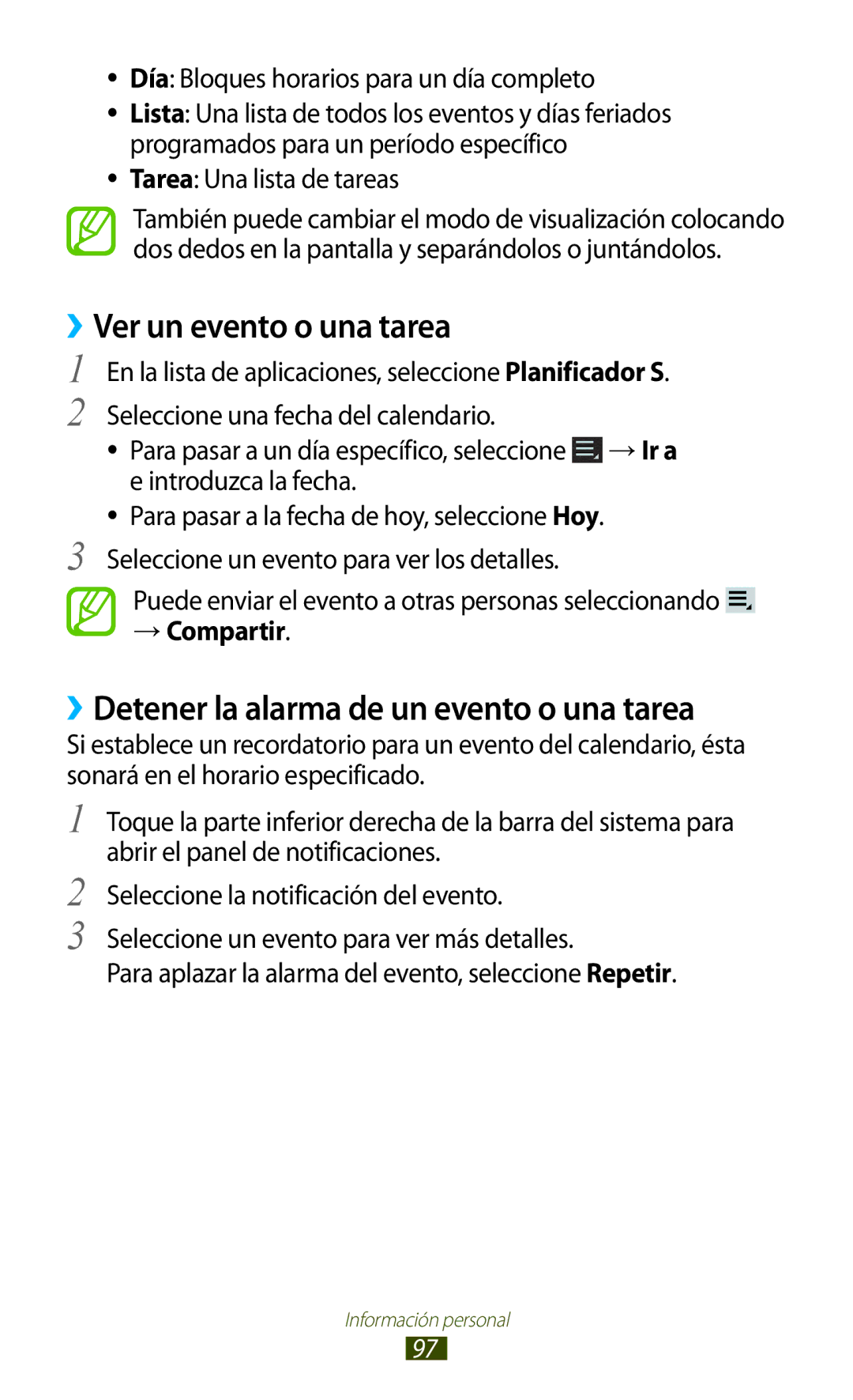 Samsung GT-P3100TSAAMN manual ››Ver un evento o una tarea, ››Detener la alarma de un evento o una tarea, →Ir a, → Compartir 