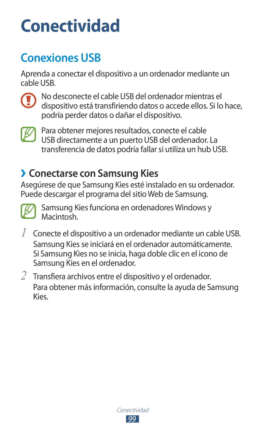 Samsung GT-P3100TSAATL, GT-P3100ZWAAMN, GT-P3100ZWAPHE, GT-P3100TSAPHE manual Conexiones USB, ››Conectarse con Samsung Kies 