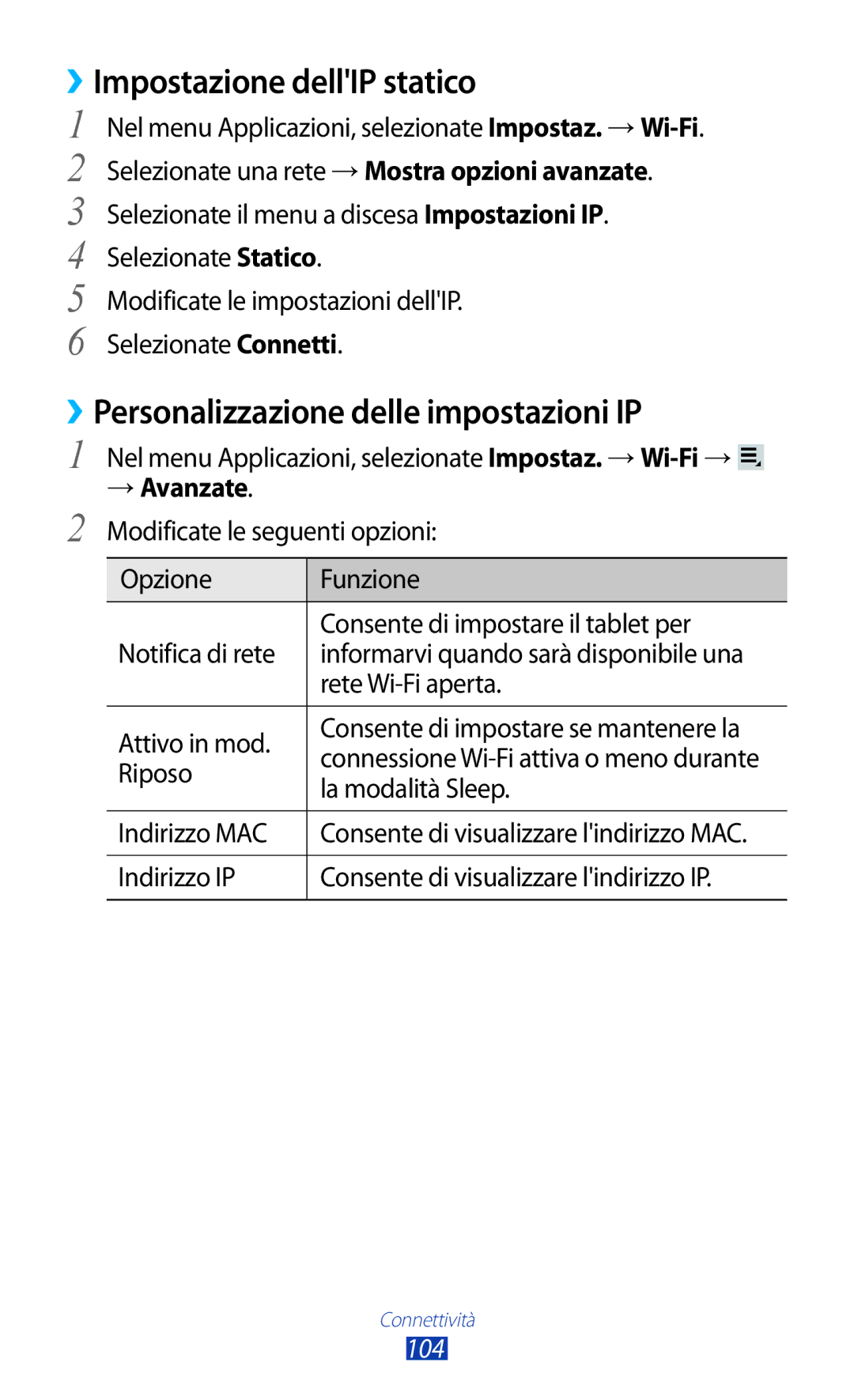 Samsung GT-P3100ZWEITV manual ››Impostazione dellIP statico, ››Personalizzazione delle impostazioni IP, → Avanzate 