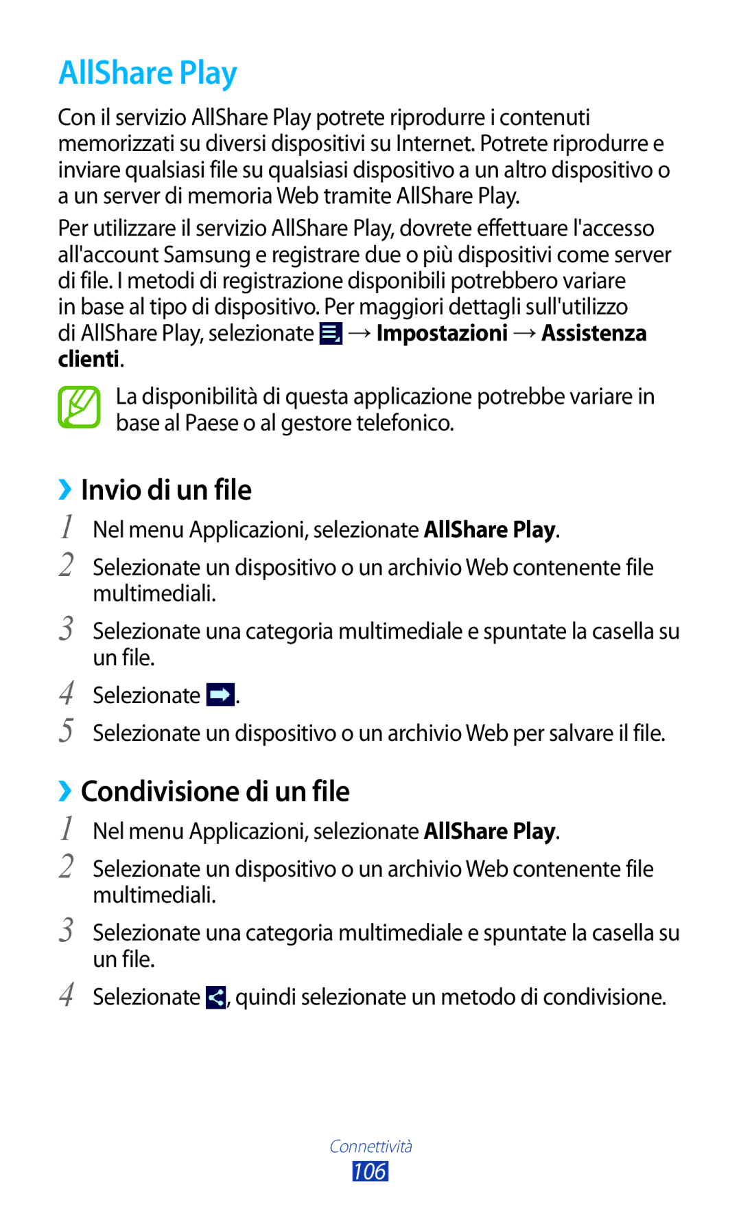 Samsung GT-P3100ZWAOMN, GT-P3100ZWAHUI, GT-P3100ZWAITV manual AllShare Play, ››Invio di un file, ››Condivisione di un file 