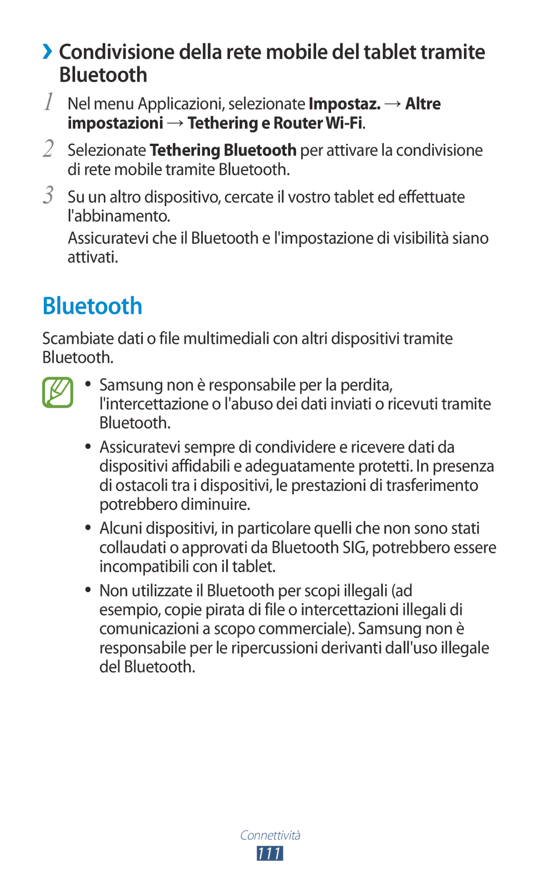 Samsung GT-P3100TSEOMN, GT-P3100ZWAHUI, GT-P3100ZWAITV, GT-P3100ZWAWIN, GT-P3100TSEITV, GT-P3100ZWEOMN manual Bluetooth 