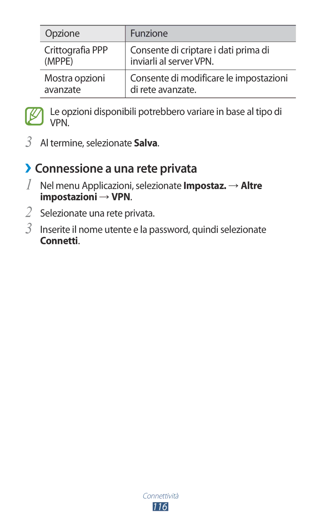 Samsung GT-P3100ZWEITV manual ››Connessione a una rete privata, Inviarli al server VPN, Impostazioni →VPN, Connetti 