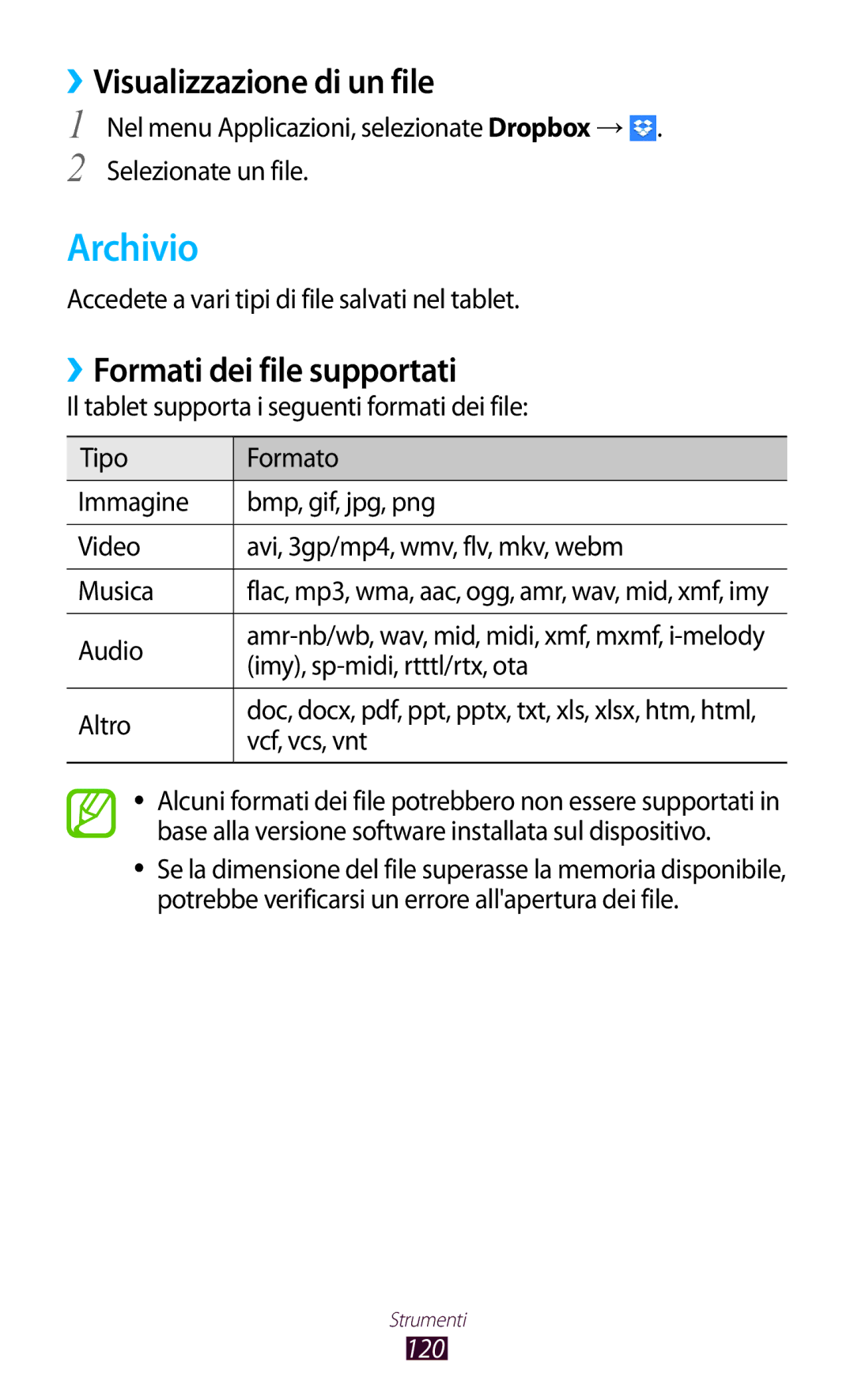 Samsung GT-P3100ZWAHUI, GT-P3100ZWAITV manual Archivio, ››Visualizzazione di un file, ››Formati dei file supportati 