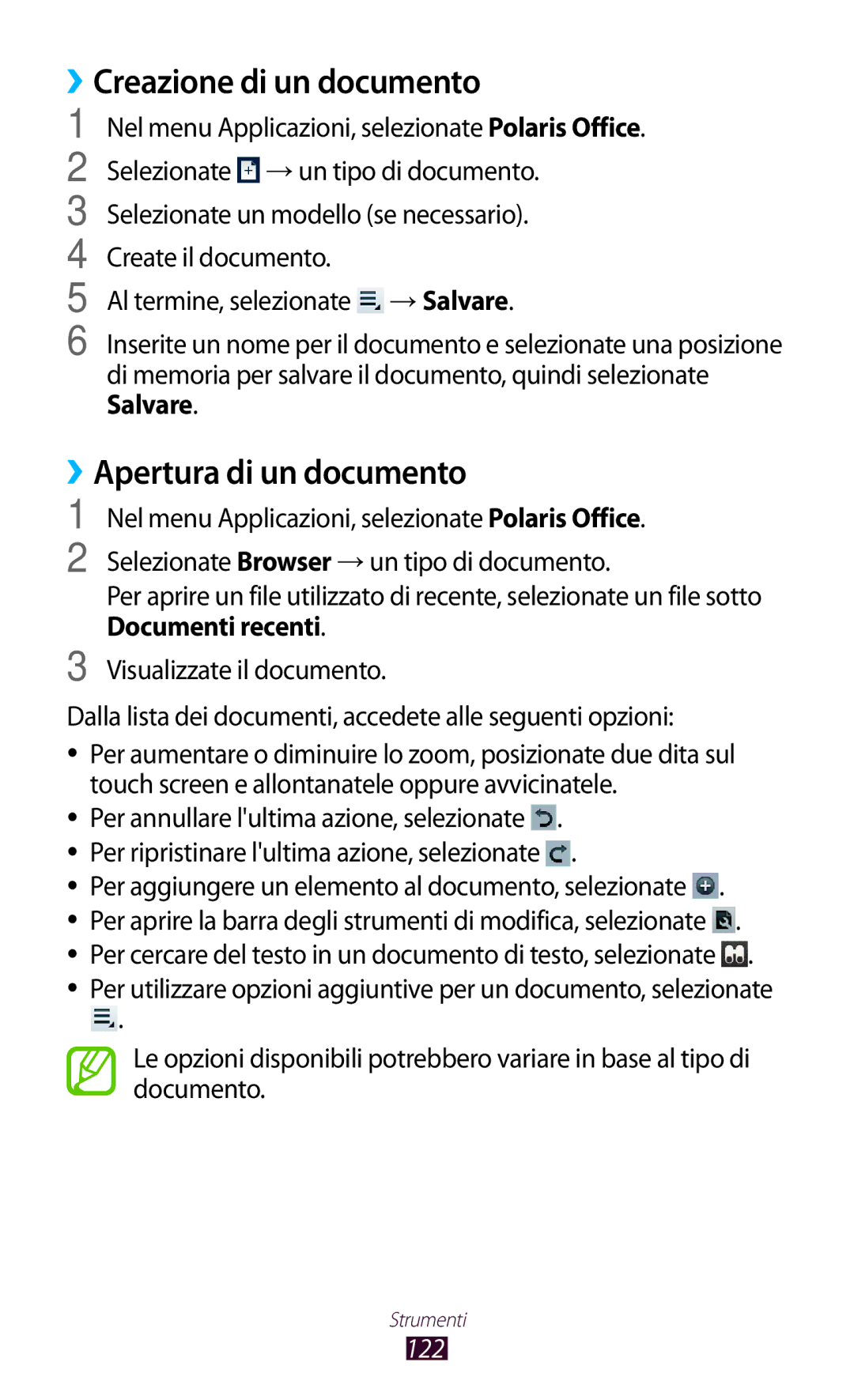 Samsung GT-P3100ZWAWIN, GT-P3100ZWAHUI Creazione di un documento, Apertura di un documento, Salvare, Documenti recenti 