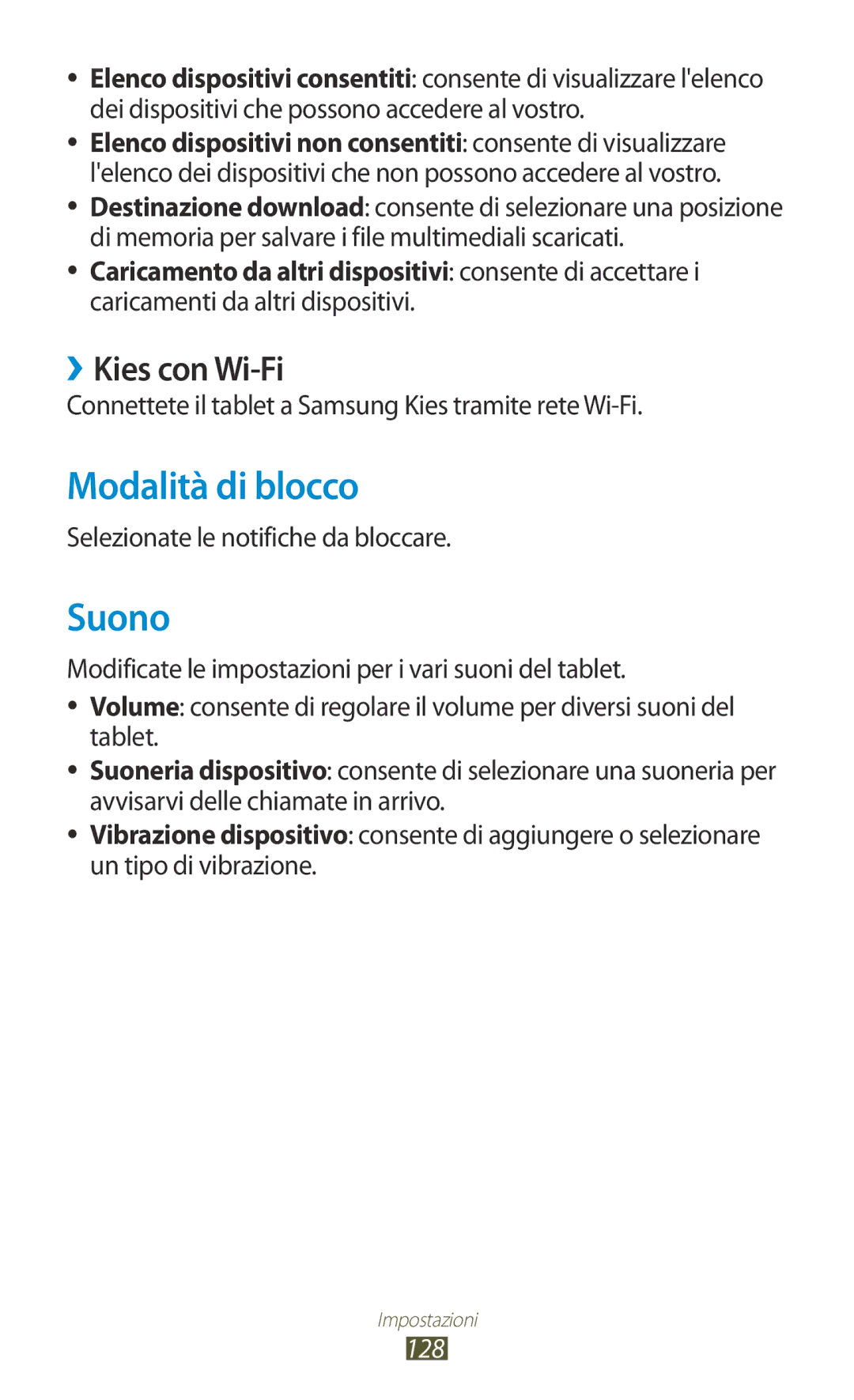 Samsung GT-P3100ZWEITV Modalità di blocco, Suono, ››Kies con Wi-Fi, Connettete il tablet a Samsung Kies tramite rete Wi-Fi 