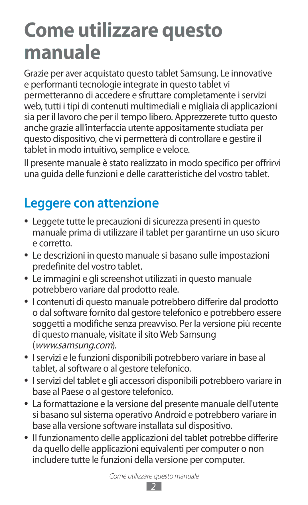 Samsung GT-P3100ZWAWIN, GT-P3100ZWAHUI, GT-P3100ZWAITV Come utilizzare questo manuale, Leggere con attenzione 