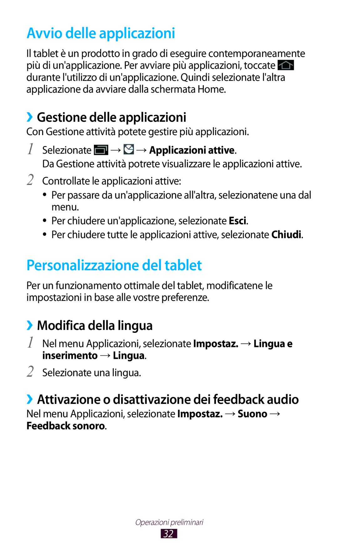 Samsung GT-P3100ZWEITV manual Avvio delle applicazioni, Personalizzazione del tablet, ››Gestione delle applicazioni 