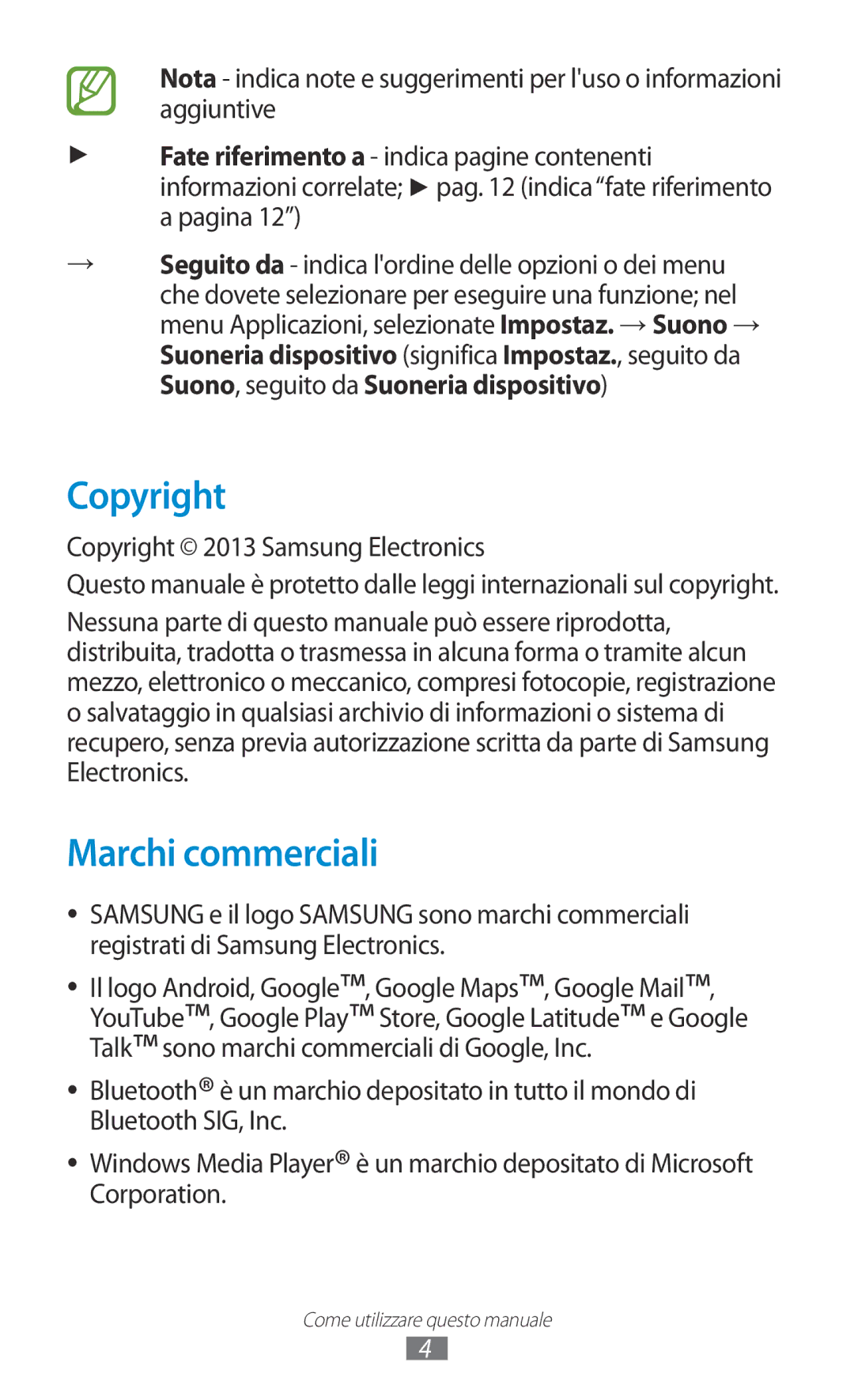 Samsung GT-P3100TSEITV, GT-P3100ZWAHUI, GT-P3100ZWAITV manual Marchi commerciali, Copyright 2013 Samsung Electronics 