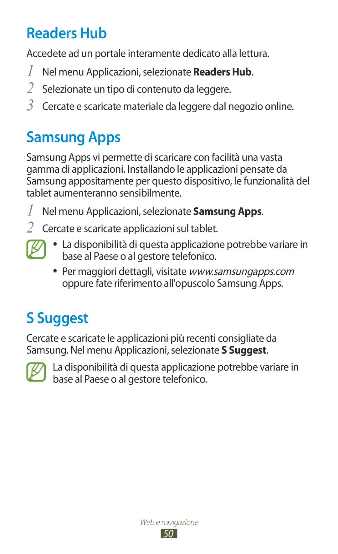 Samsung GT-P3100ZWAWIN manual Readers Hub, Samsung Apps, Suggest, Accedete ad un portale interamente dedicato alla lettura 