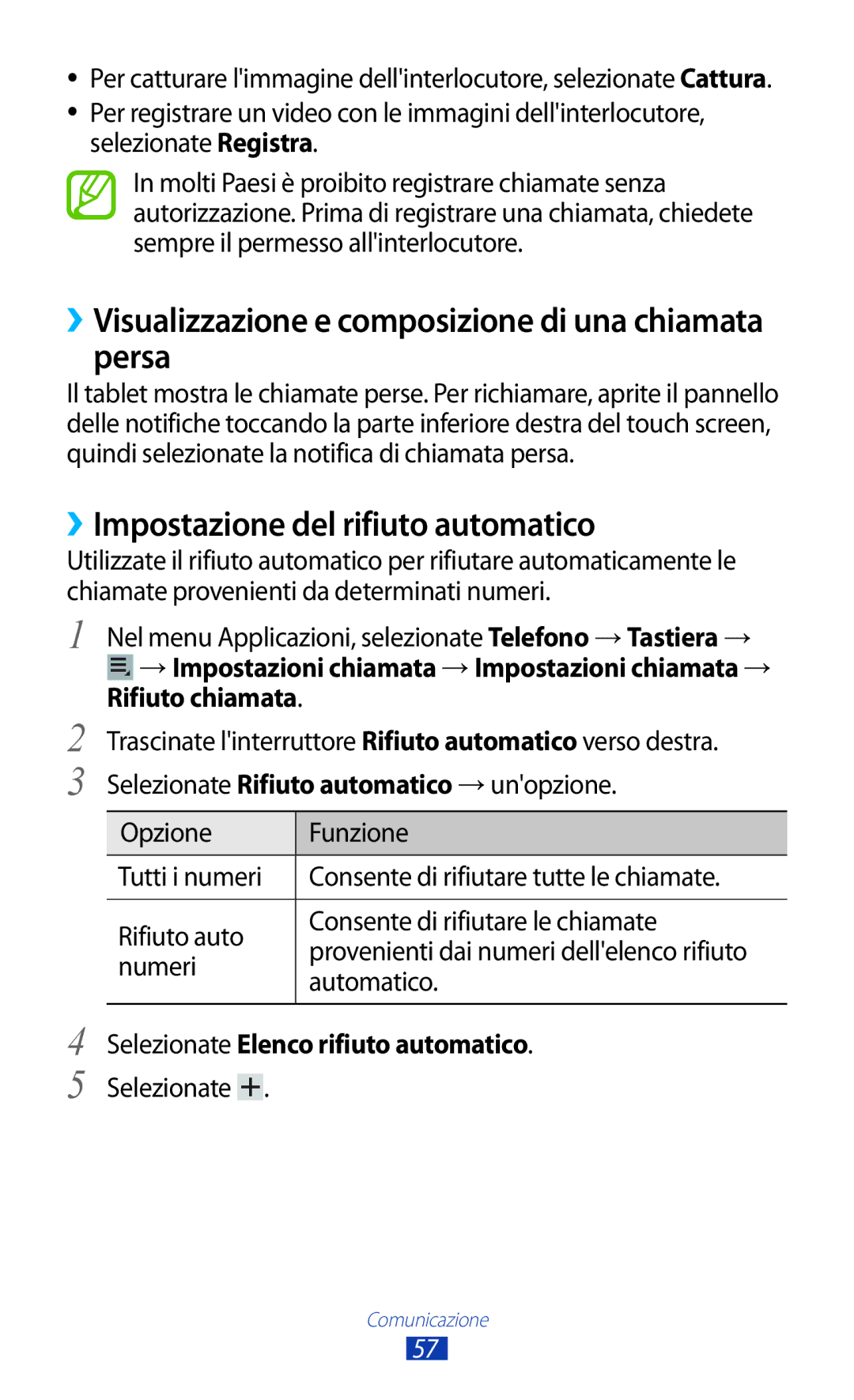 Samsung GT-P3100ZWATIM manual ››Visualizzazione e composizione di una chiamata persa, ››Impostazione del rifiuto automatico 