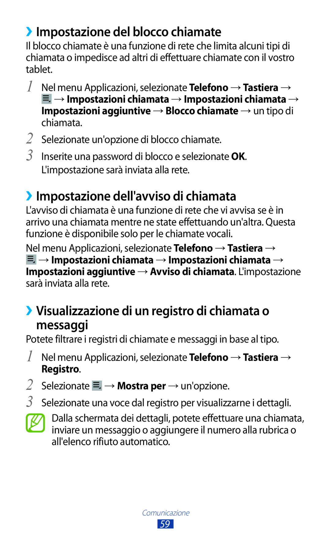 Samsung GT-P3100TSAOMN, GT-P3100ZWAHUI ››Impostazione del blocco chiamate, ››Impostazione dellavviso di chiamata, Registro 