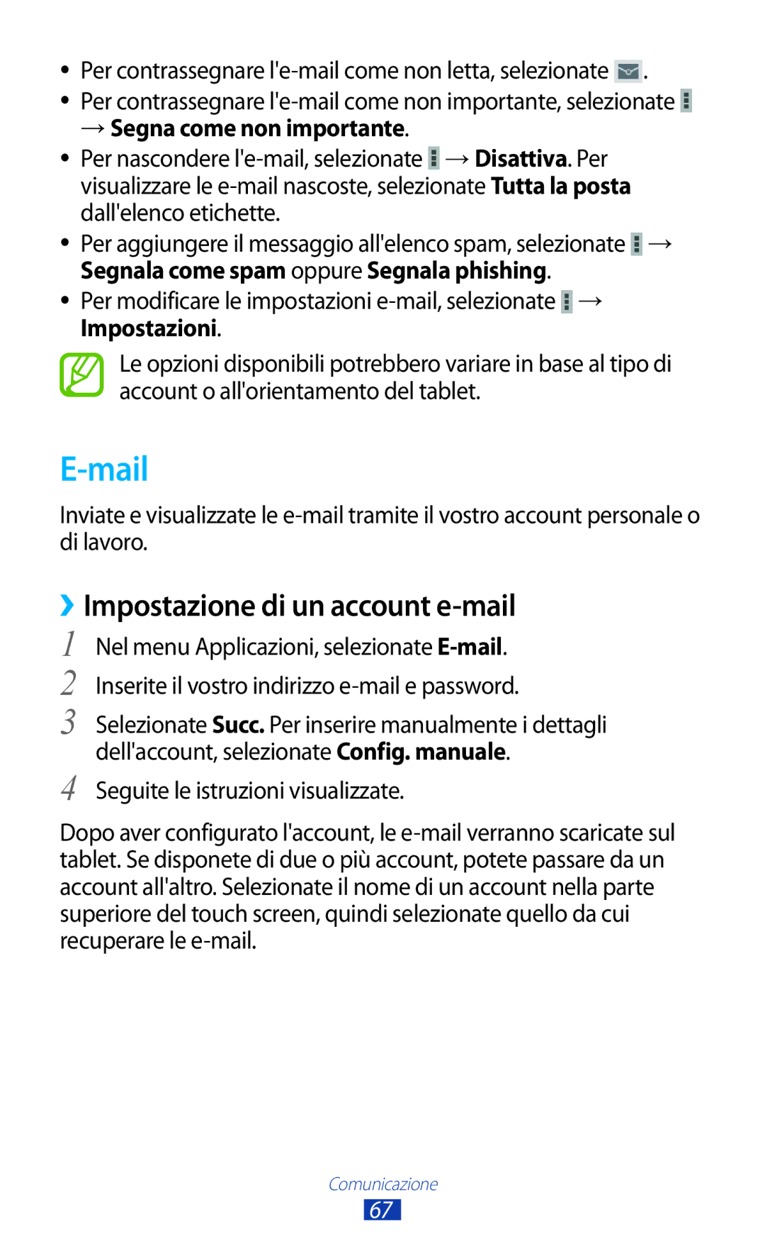 Samsung GT-P3100TSAITV, GT-P3100ZWAHUI manual Mail, ››Impostazione di un account e-mail, → Segna come non importante 