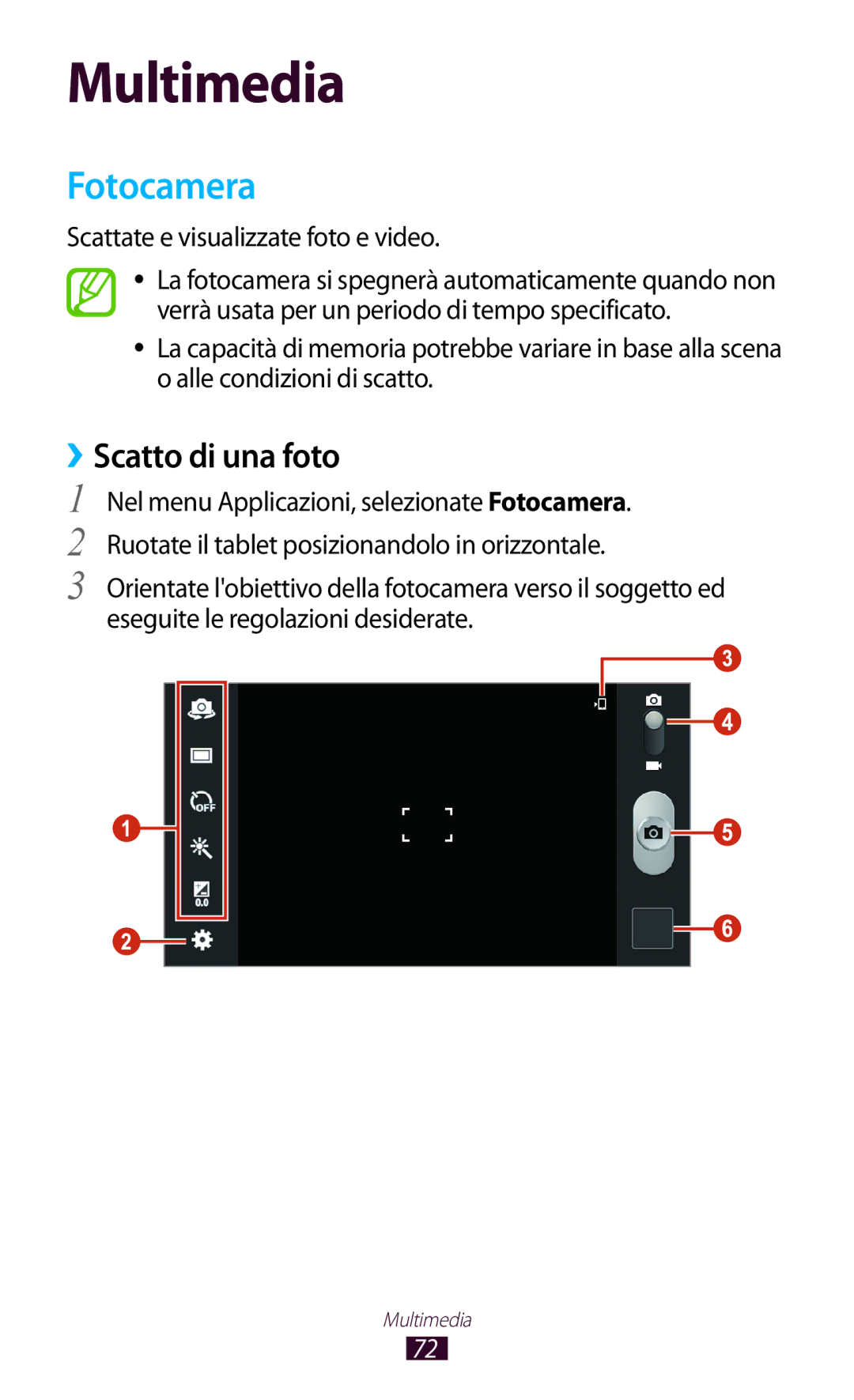 Samsung GT-P3100ZWAHUI, GT-P3100ZWAITV manual Fotocamera, ››Scatto di una foto, Scattate e visualizzate foto e video 