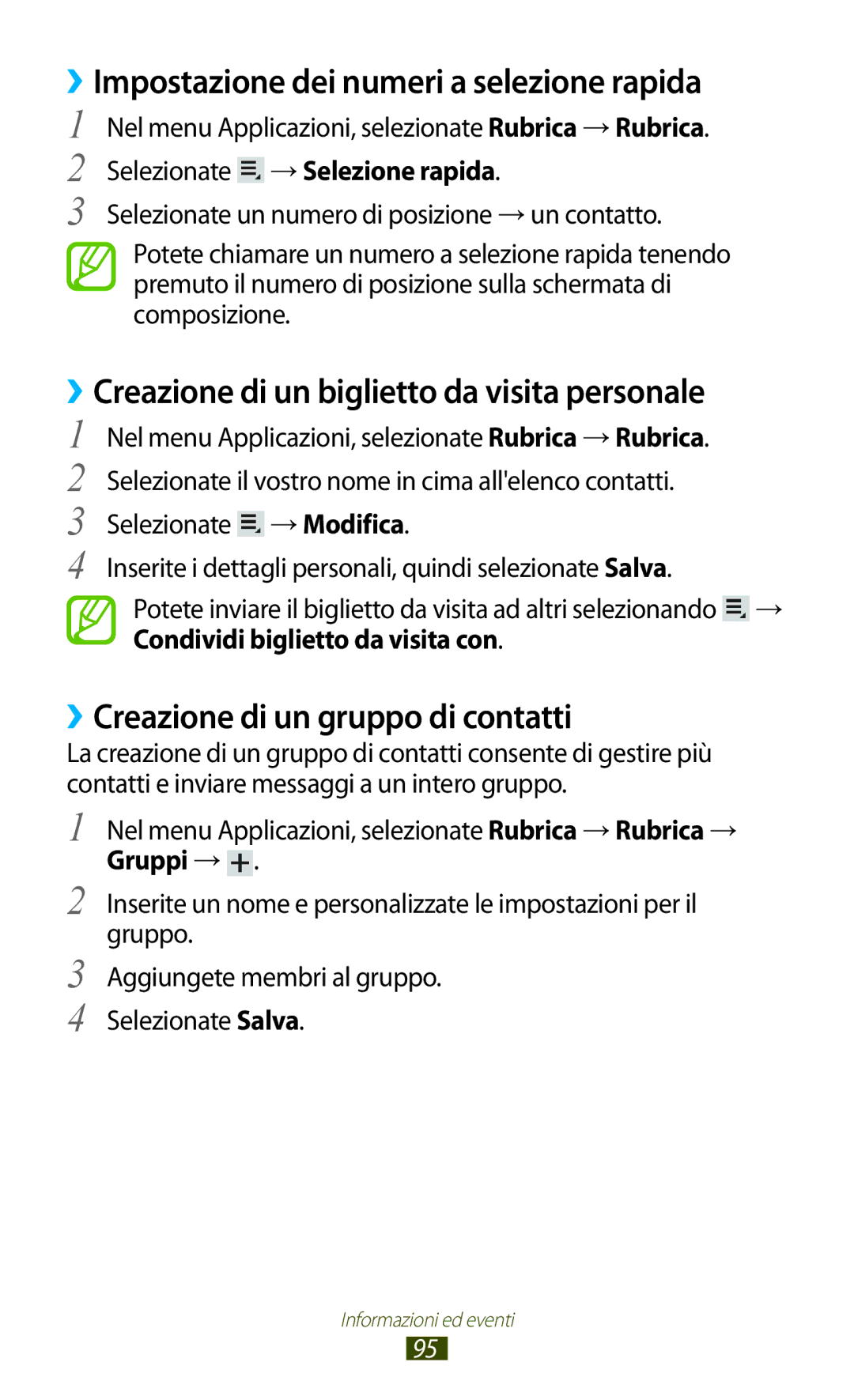 Samsung GT-P3100TSAOMN manual ››Impostazione dei numeri a selezione rapida, ››Creazione di un biglietto da visita personale 