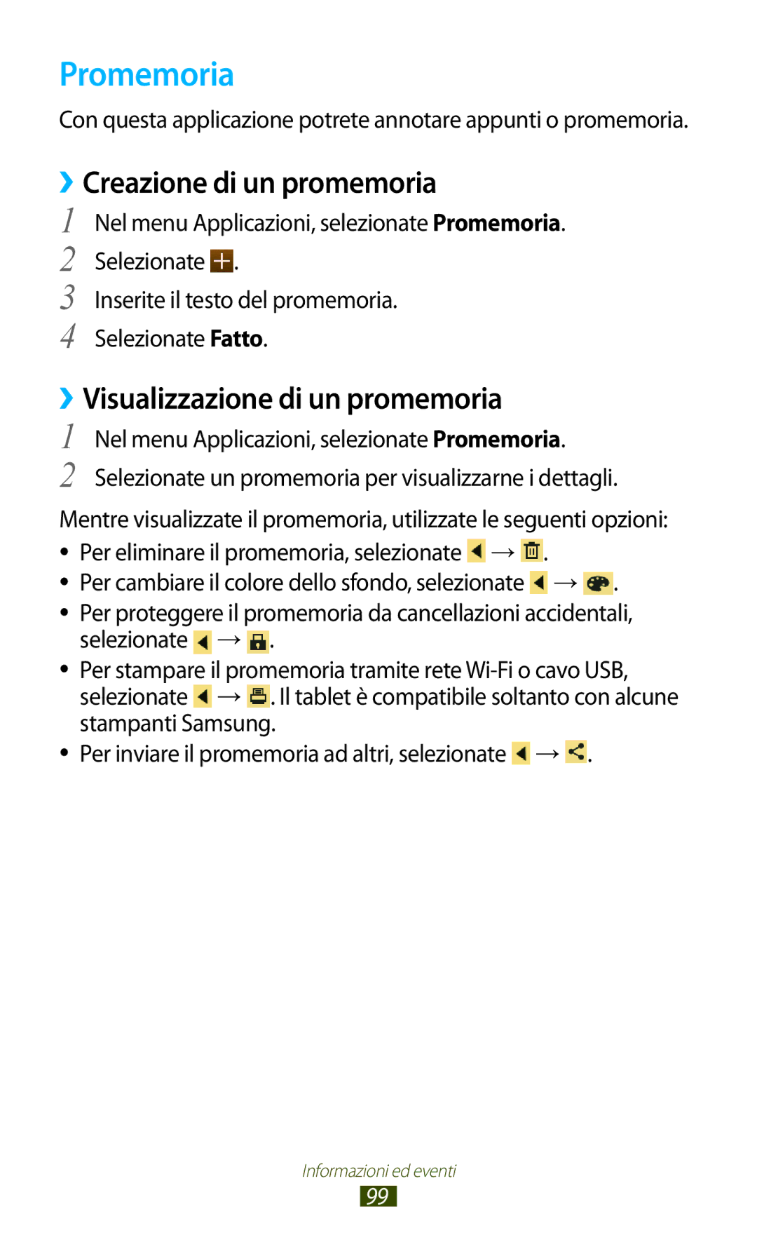 Samsung GT-P3100TSEOMN Promemoria, ››Creazione di un promemoria, ››Visualizzazione di un promemoria, Stampanti Samsung 