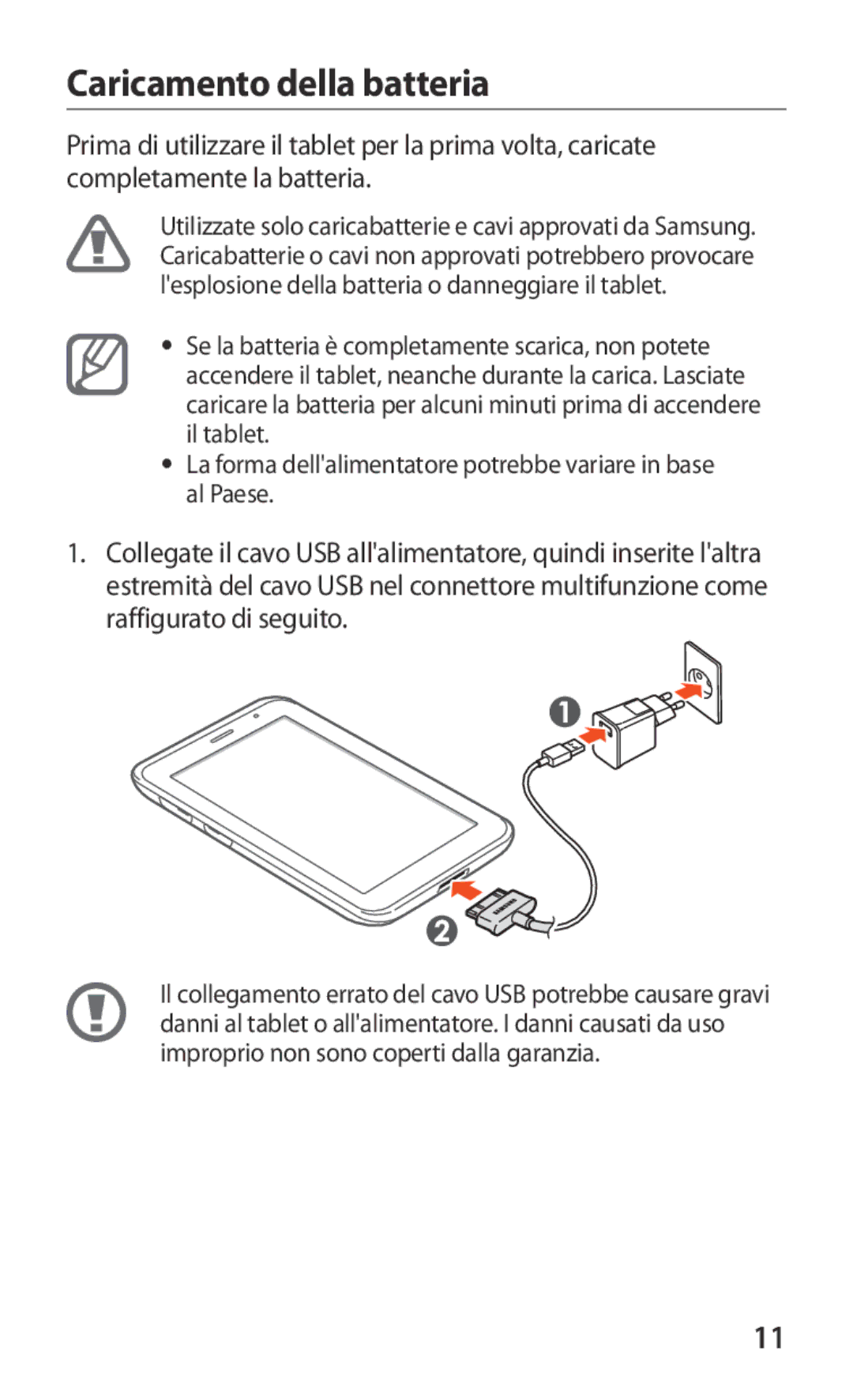 Samsung GT-P3100TSAOMN, GT-P3100ZWAHUI, GT-P3100ZWAITV, GT-P3100ZWAWIN, GT-P3100TSEOMN manual Caricamento della batteria 