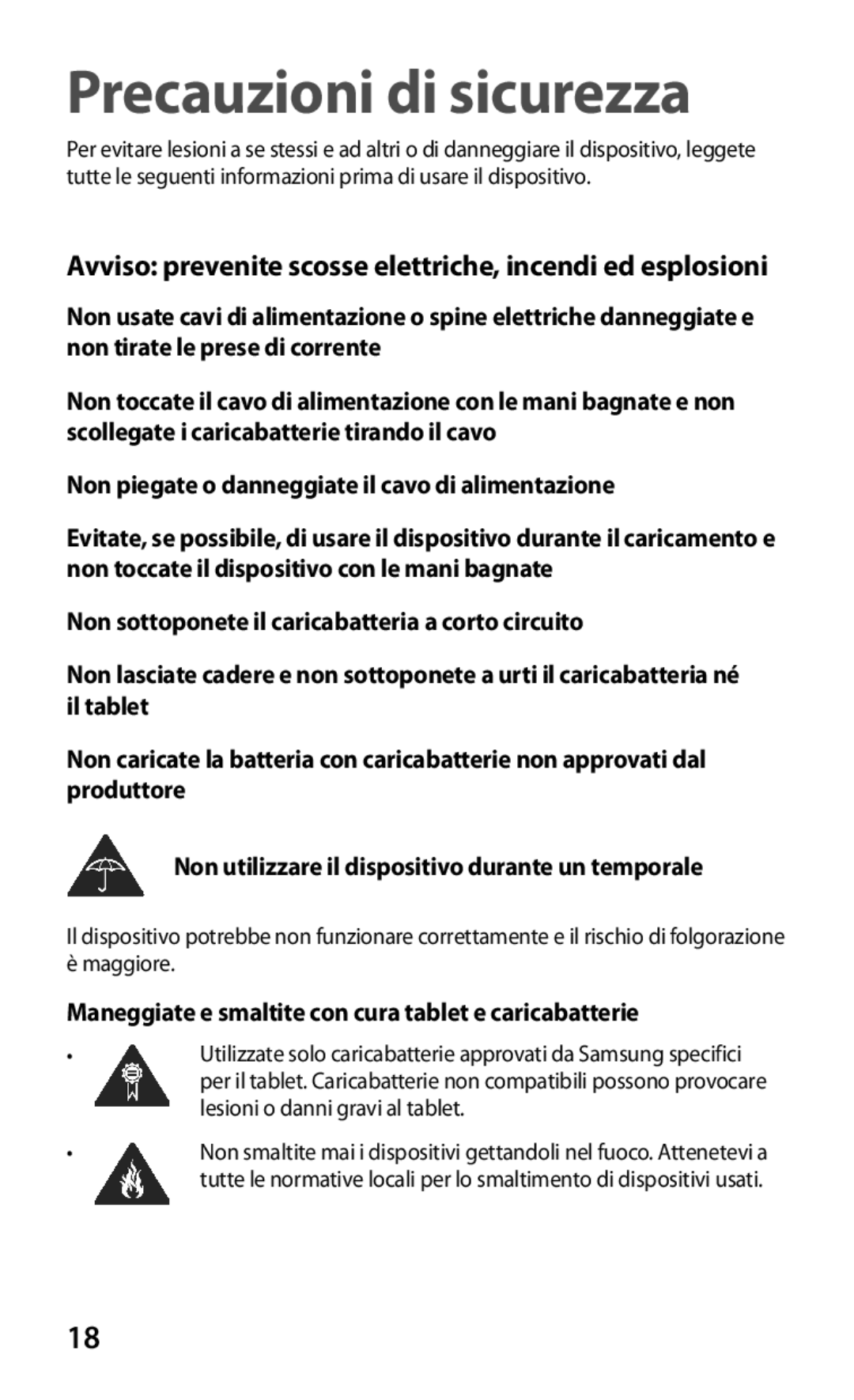 Samsung GT-P3100TSATIM, GT-P3100ZWAHUI, GT-P3100ZWAITV manual Avviso prevenite scosse elettriche, incendi ed esplosioni 