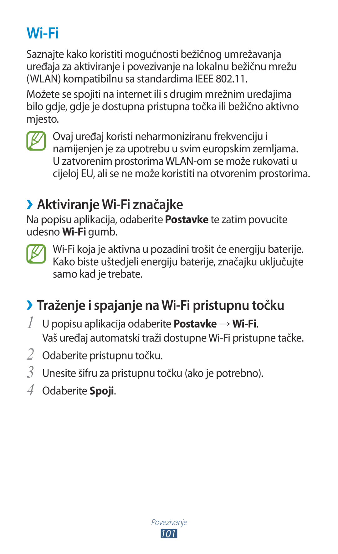 Samsung GT-P3100TSETRA, GT-P3100ZWATRA, GT-P3100ZWAVIP, GT-P3100TSEVIP, GT-P3100TSASMO manual ››Aktiviranje Wi-Fi značajke 