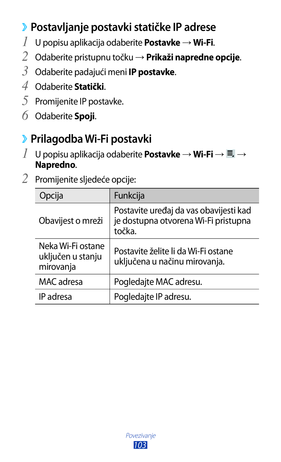 Samsung GT-P3100TSETWO, GT-P3100ZWATRA ››Postavljanje postavki statičke IP adrese, ››Prilagodba Wi-Fi postavki, Napredno 