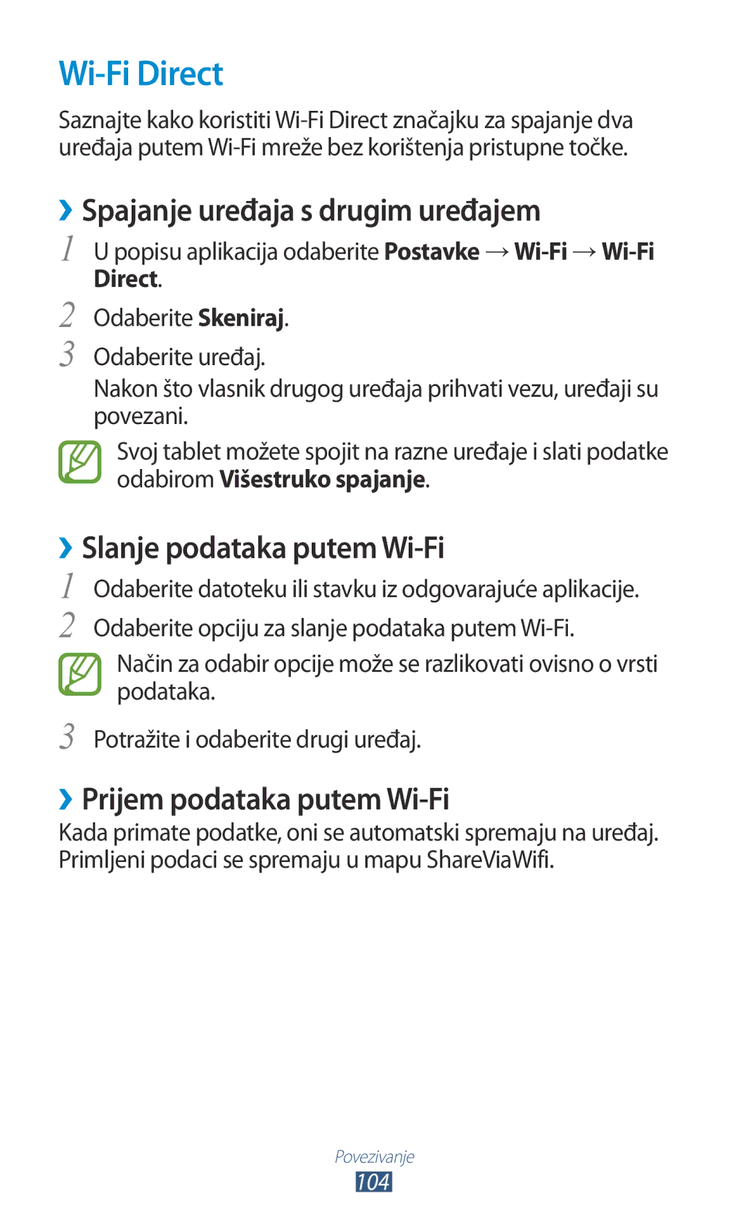 Samsung GT-P3100ZWATRA, GT-P3100ZWAVIP Wi-Fi Direct, ››Spajanje uređaja s drugim uređajem, ››Slanje podataka putem Wi-Fi 