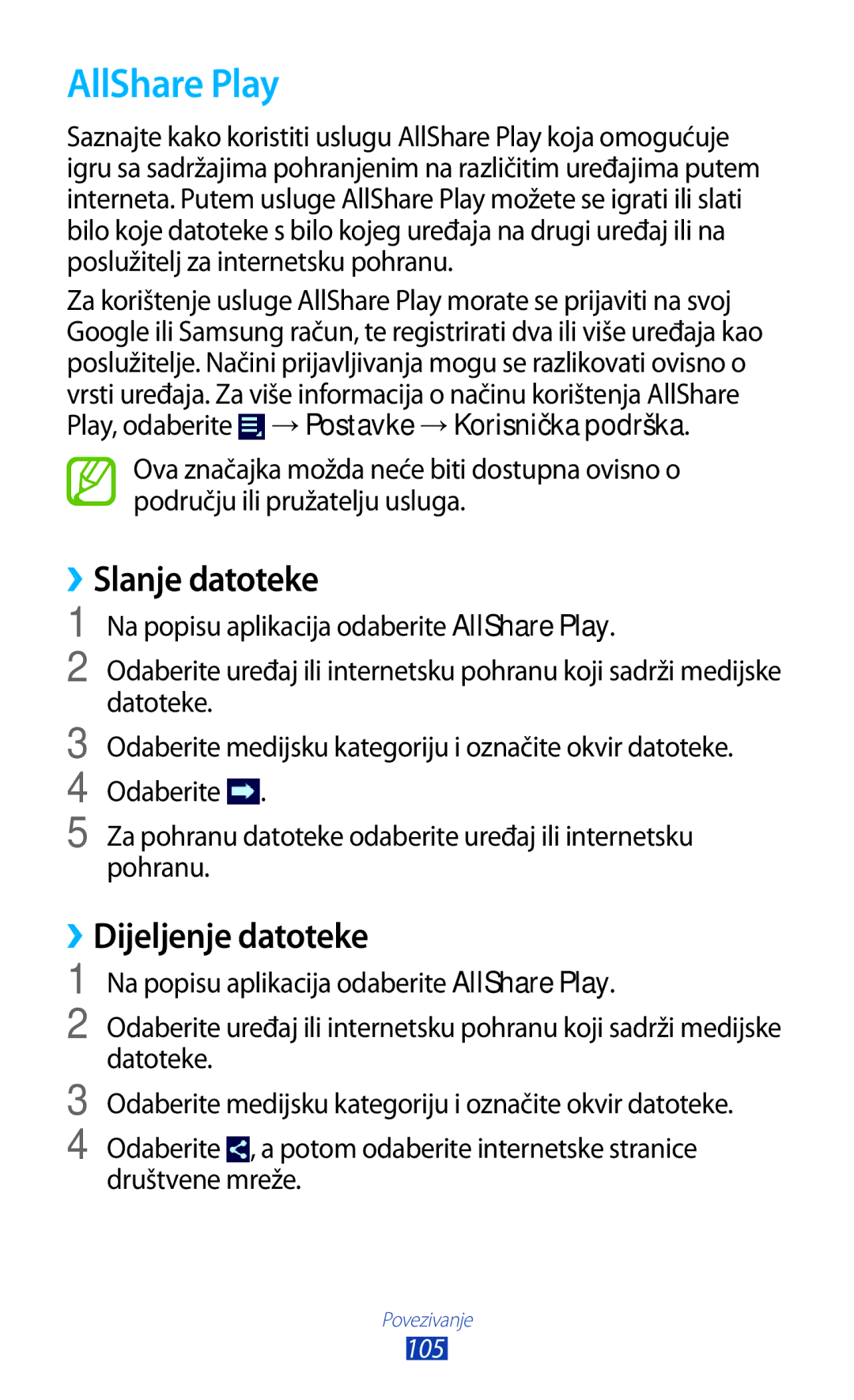 Samsung GT-P3100ZWAVIP, GT-P3100ZWATRA, GT-P3100TSEVIP manual AllShare Play, ››Slanje datoteke, ››Dijeljenje datoteke 