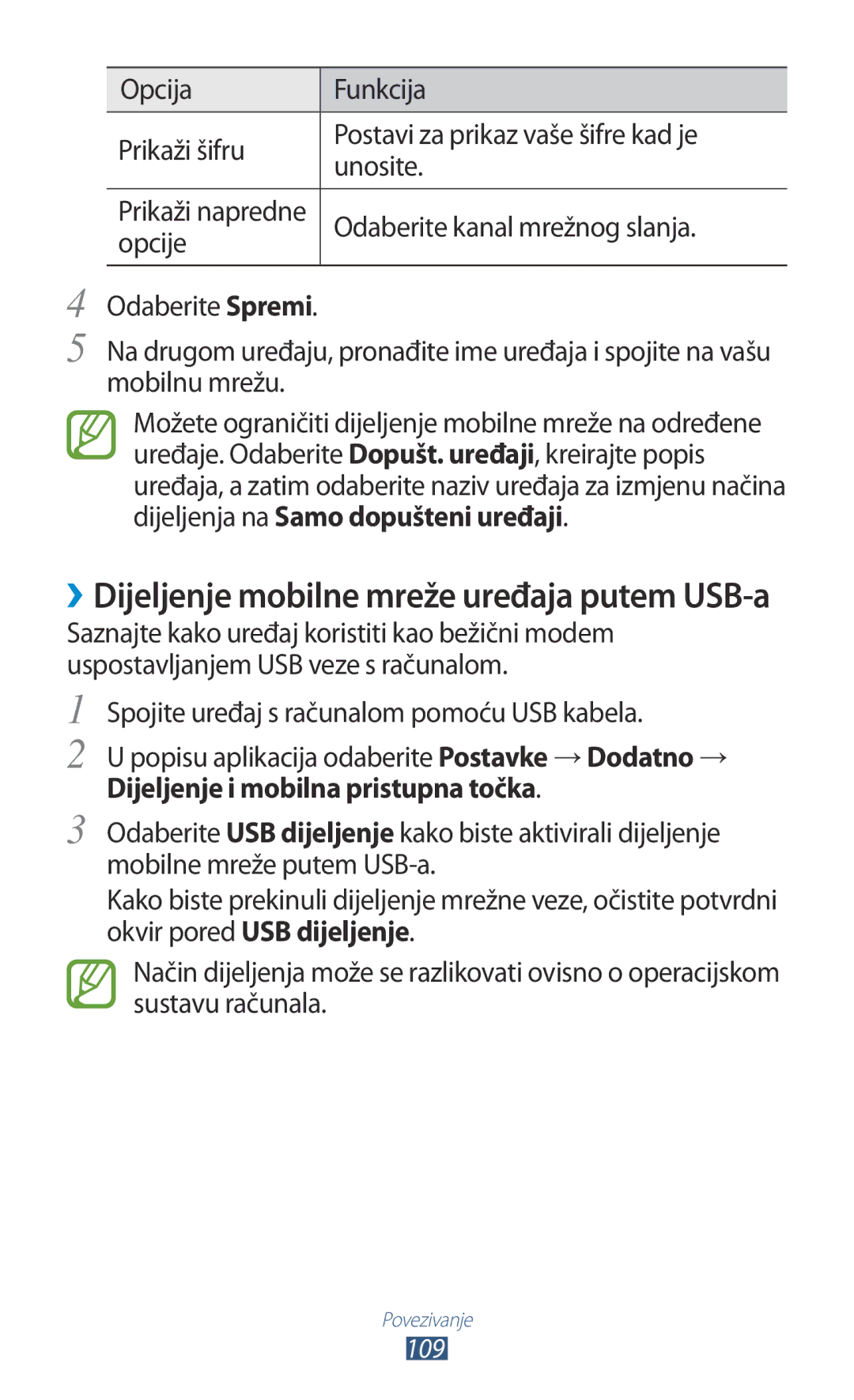 Samsung GT-P3100TSETRA, GT-P3100ZWATRA manual ››Dijeljenje mobilne mreže uređaja putem USB-a, Odaberite kanal mrežnog slanja 