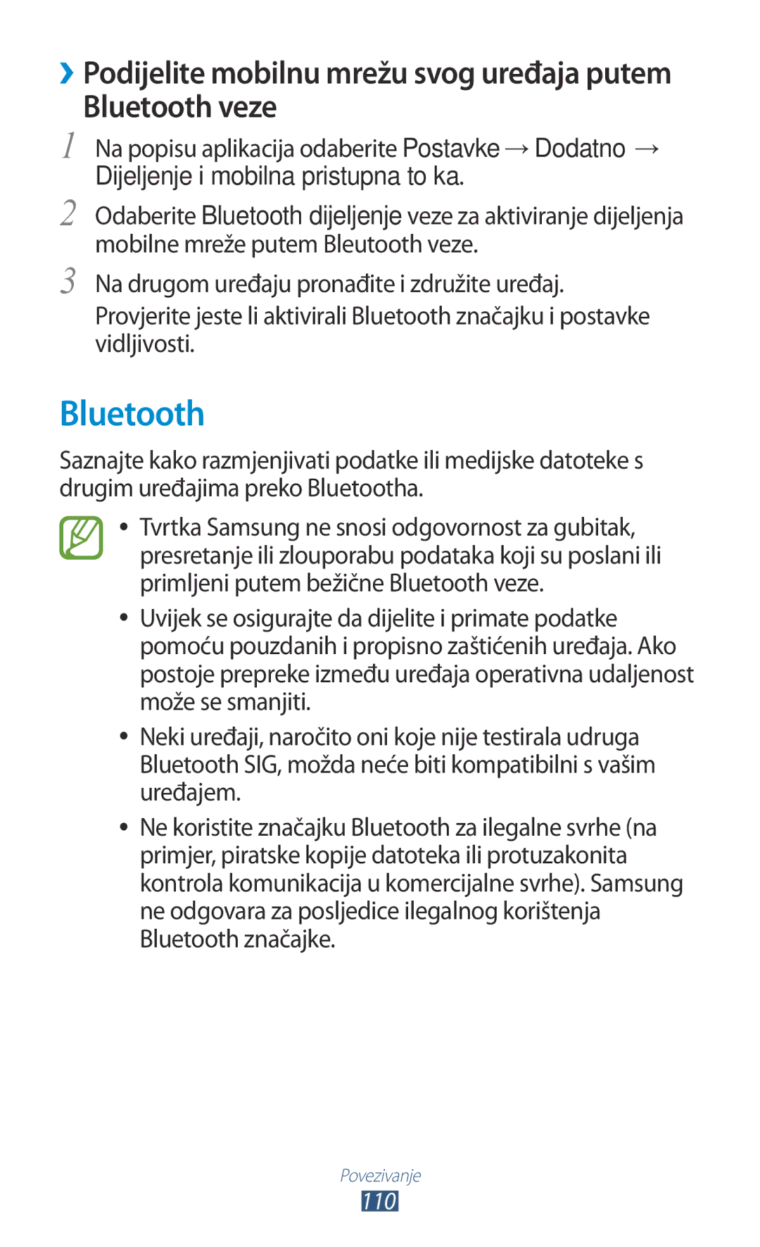 Samsung GT-P3100ZWASMO, GT-P3100ZWATRA, GT-P3100ZWAVIP, GT-P3100TSEVIP, GT-P3100TSASMO, GT-P3100TSAVIP manual Bluetooth veze 