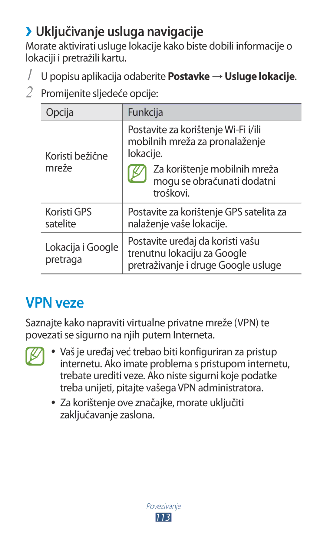 Samsung GT-P3100ZWAVIP, GT-P3100ZWATRA, GT-P3100TSEVIP, GT-P3100TSASMO manual VPN veze, ››Uključivanje usluga navigacije 