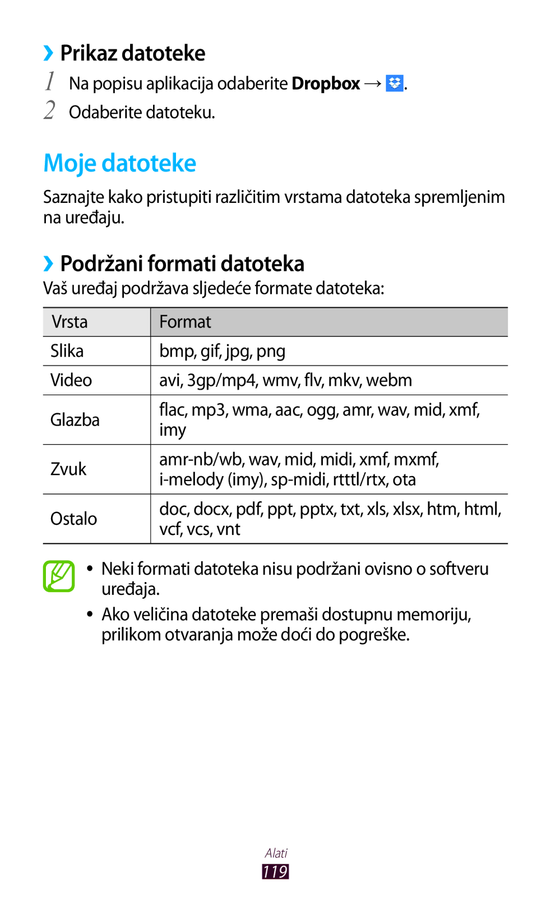 Samsung GT-P3100TSETWO, GT-P3100ZWATRA, GT-P3100ZWAVIP Moje datoteke, ››Prikaz datoteke, ››Podržani formati datoteka, Imy 