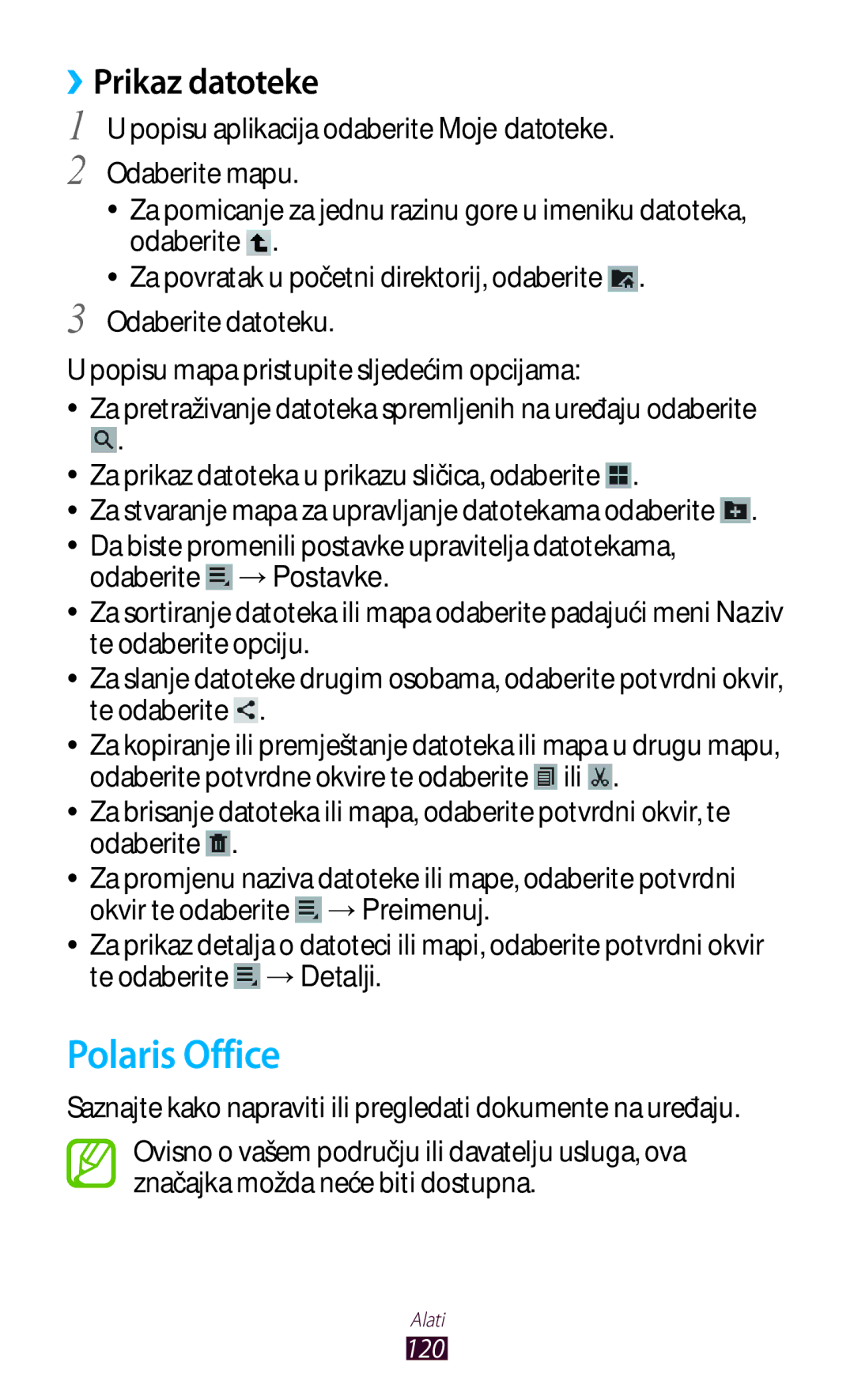 Samsung GT-P3100ZWATRA, GT-P3100ZWAVIP manual Polaris Office, Saznajte kako napraviti ili pregledati dokumente na uređaju 