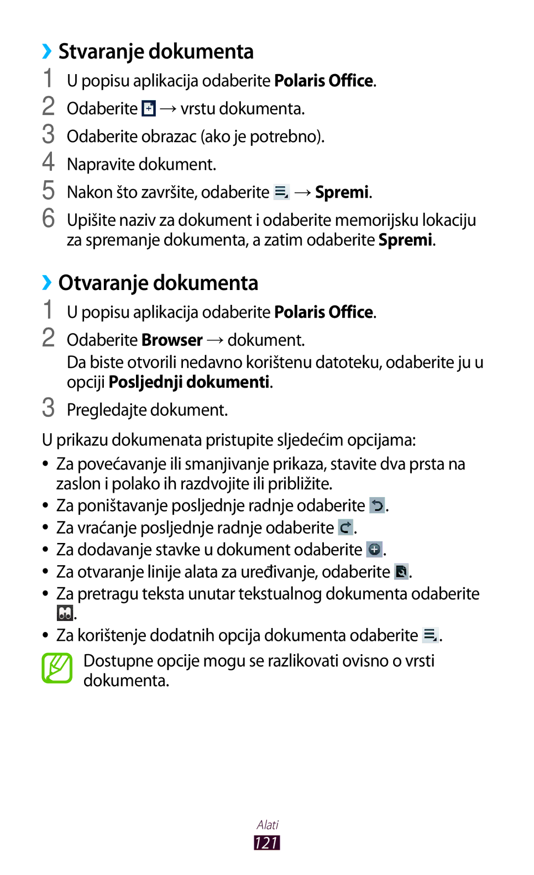 Samsung GT-P3100ZWAVIP, GT-P3100ZWATRA manual Stvaranje dokumenta, Otvaranje dokumenta, Opciji Posljednji dokumenti 