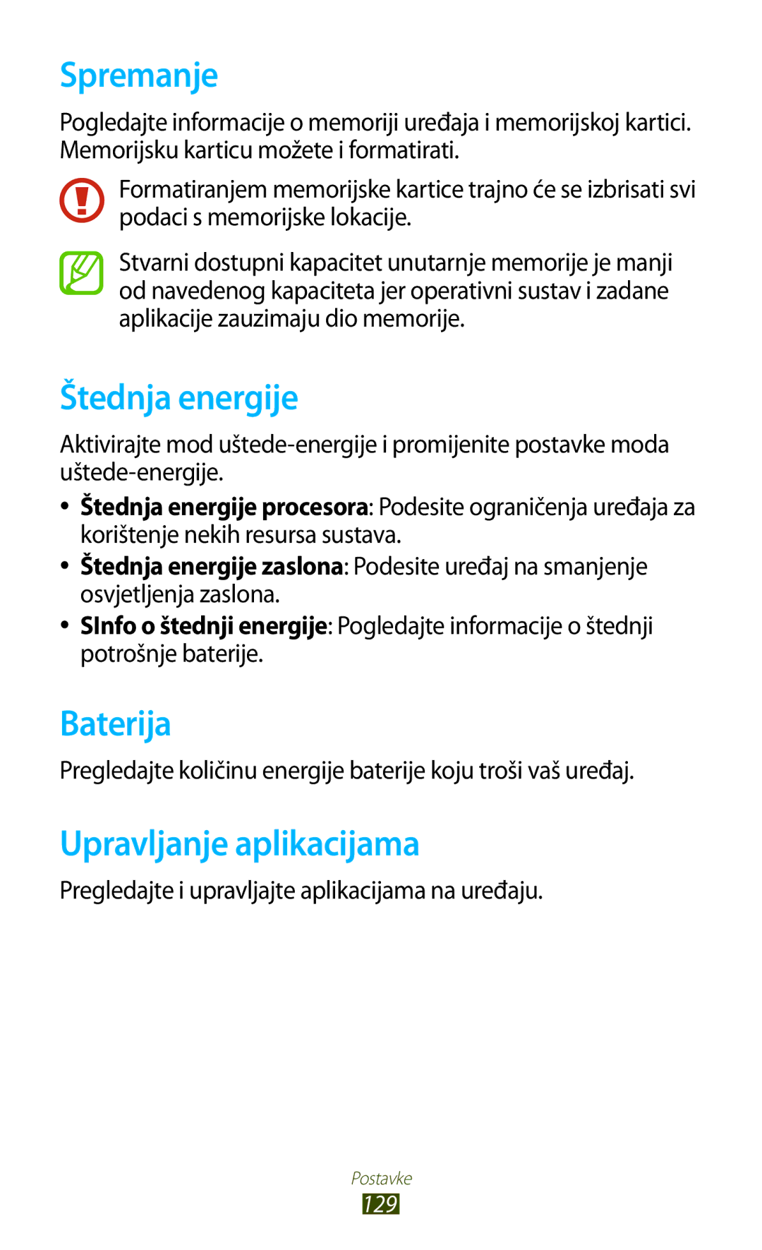 Samsung GT-P3100ZWAVIP, GT-P3100ZWATRA, GT-P3100TSEVIP manual Spremanje, Štednja energije, Baterija, Upravljanje aplikacijama 