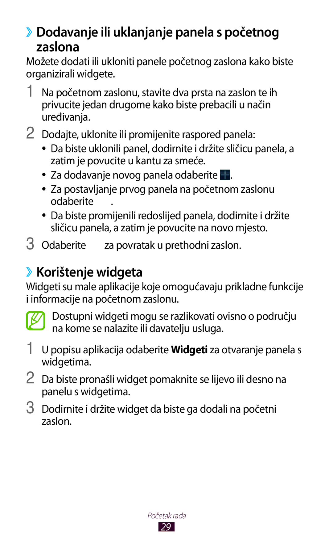 Samsung GT-P3100TSETRA, GT-P3100ZWATRA manual ››Dodavanje ili uklanjanje panela s početnog zaslona, ››Korištenje widgeta 