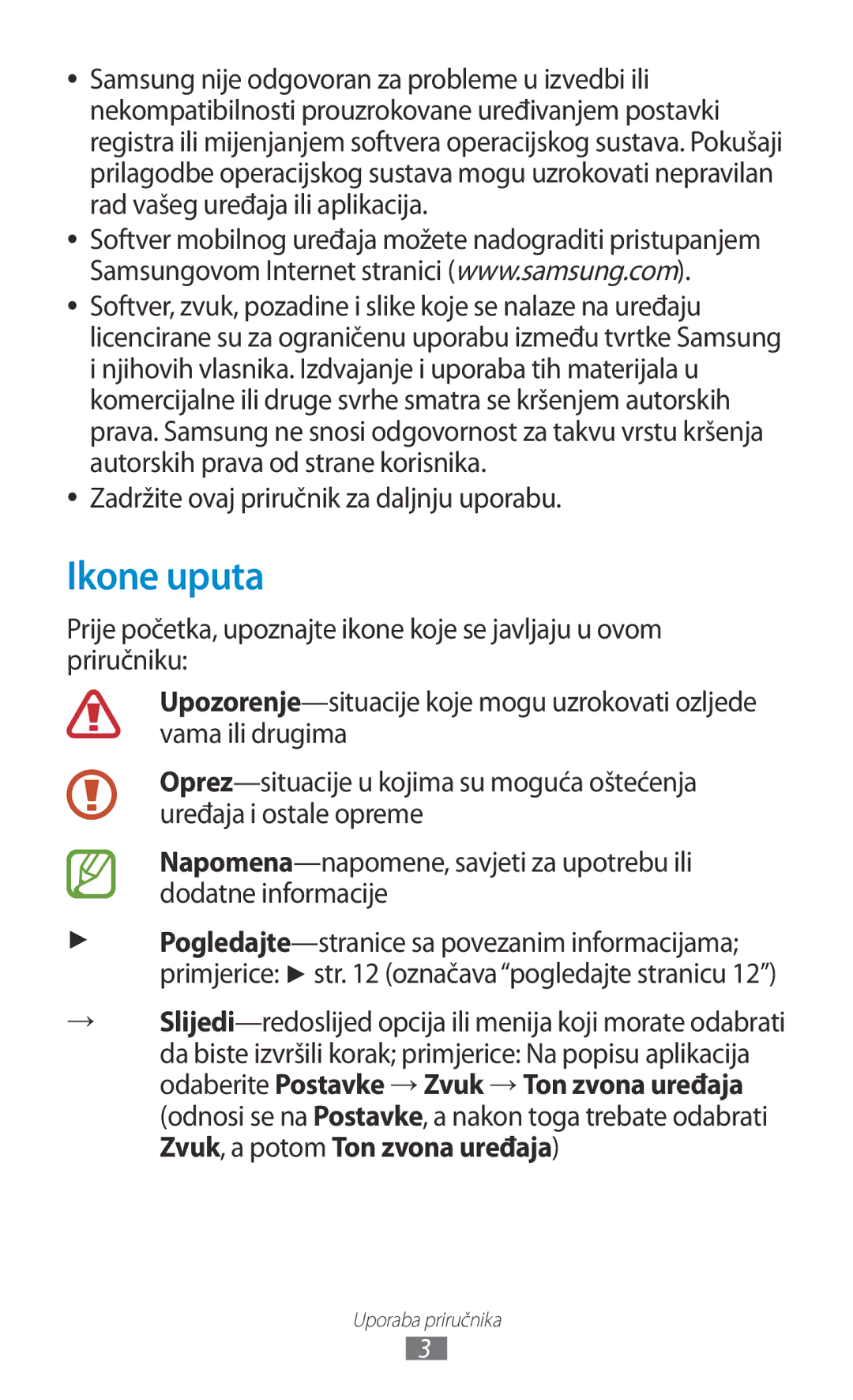 Samsung GT-P3100TSASMO, GT-P3100ZWATRA, GT-P3100ZWAVIP manual Ikone uputa, Zadržite ovaj priručnik za daljnju uporabu 