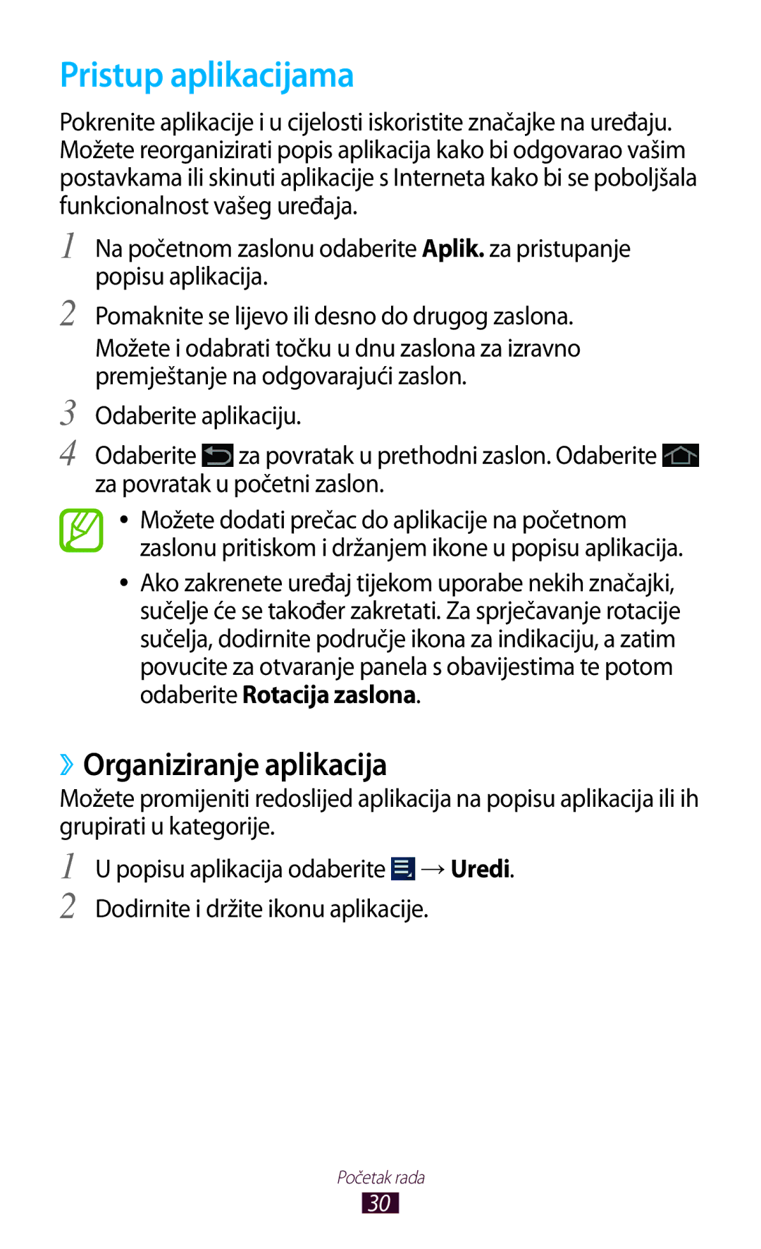 Samsung GT-P3100ZWASMO, GT-P3100ZWATRA, GT-P3100ZWAVIP, GT-P3100TSEVIP manual Pristup aplikacijama, ››Organiziranje aplikacija 