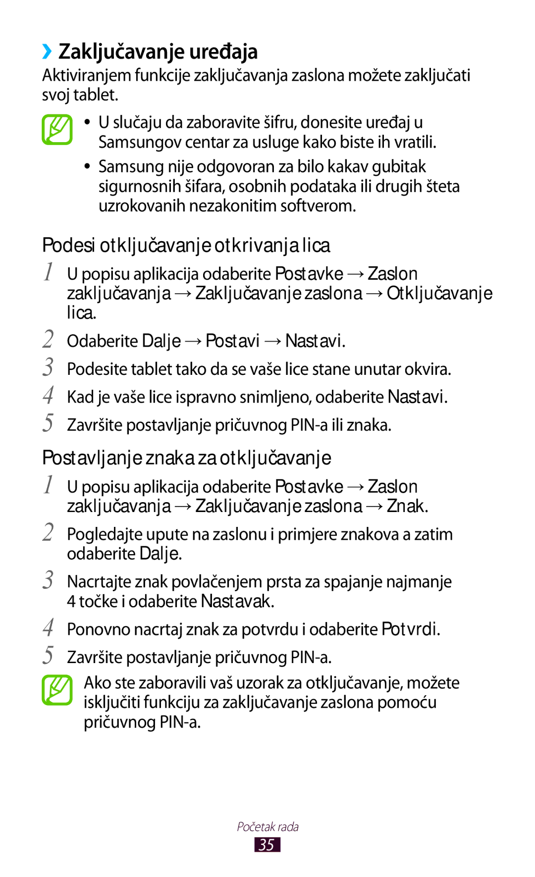 Samsung GT-P3100TSASMO, GT-P3100ZWATRA, GT-P3100ZWAVIP manual ››Zaključavanje uređaja, Odaberite Dalje →Postavi →Nastavi 