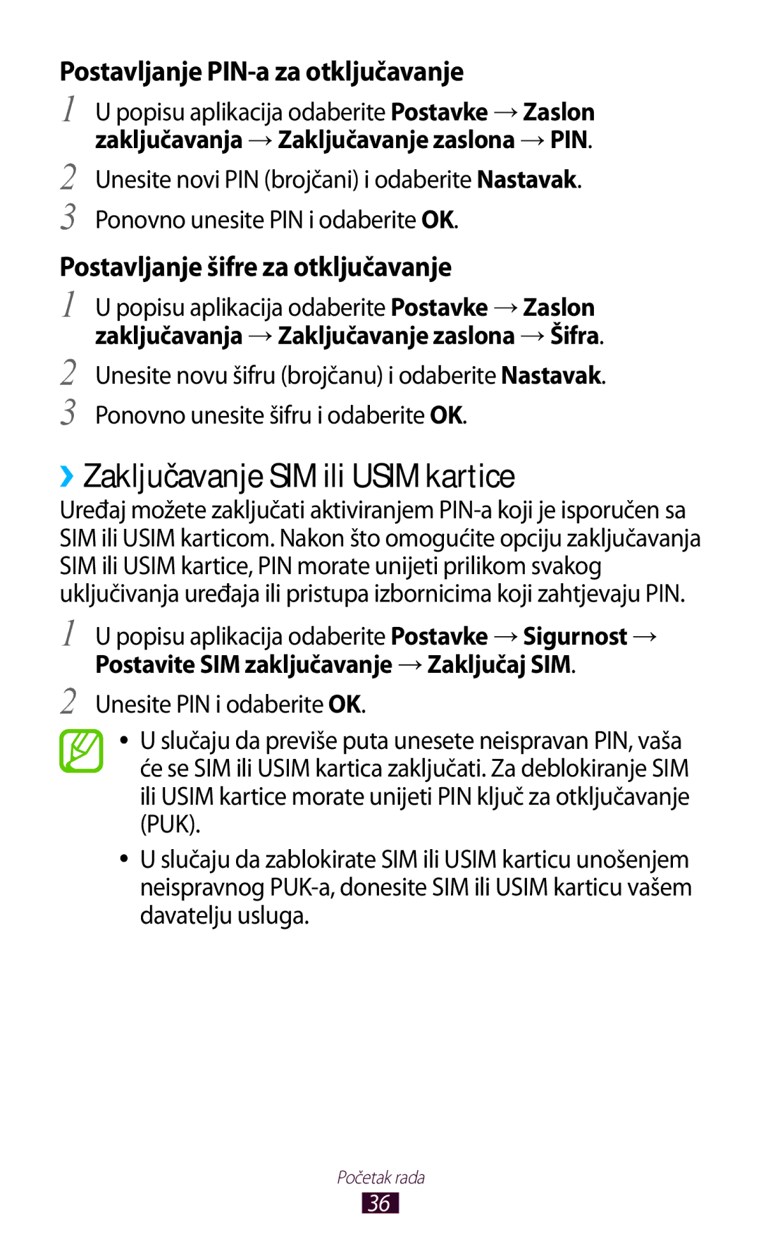 Samsung GT-P3100TSAVIP, GT-P3100ZWATRA manual ››Zaključavanje SIM ili Usim kartice, Postavljanje PIN-a za otključavanje 