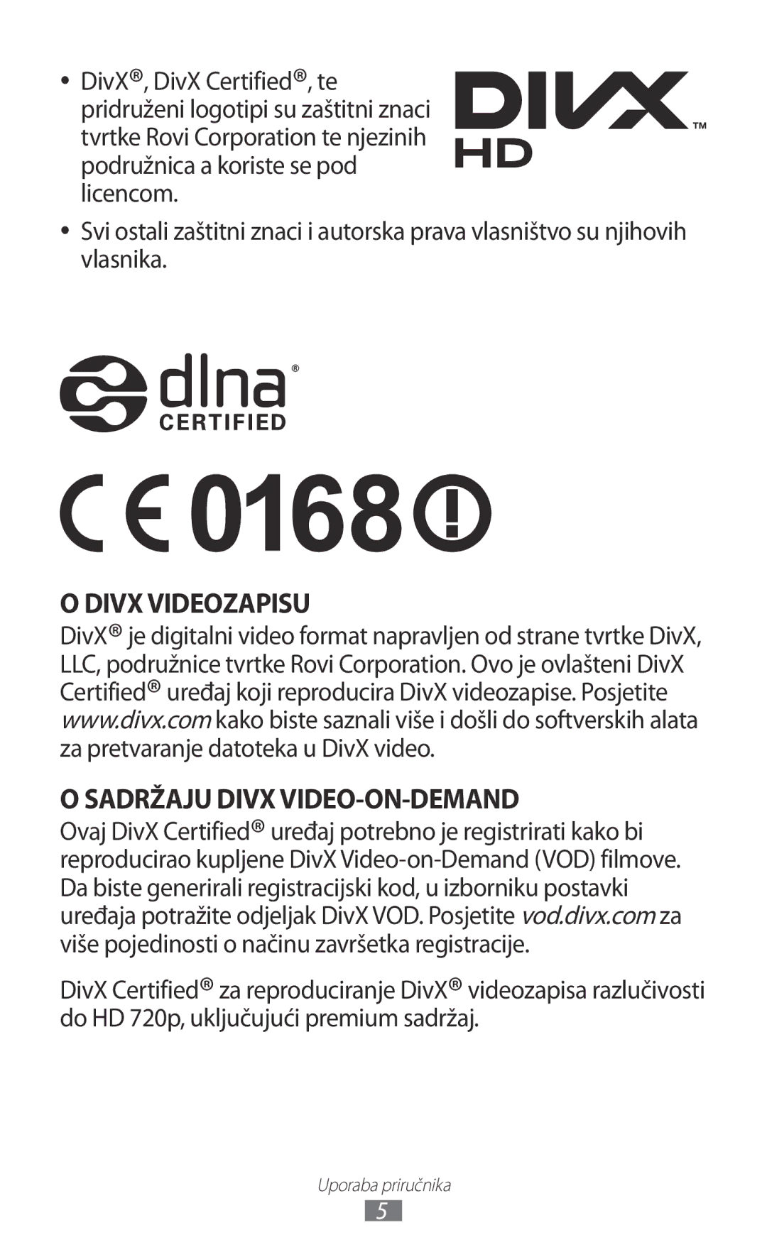 Samsung GT-P3100TSETRA, GT-P3100ZWATRA, GT-P3100ZWAVIP, GT-P3100TSEVIP manual Divx Videozapisu Sadržaju Divx VIDEO-ON-DEMAND 