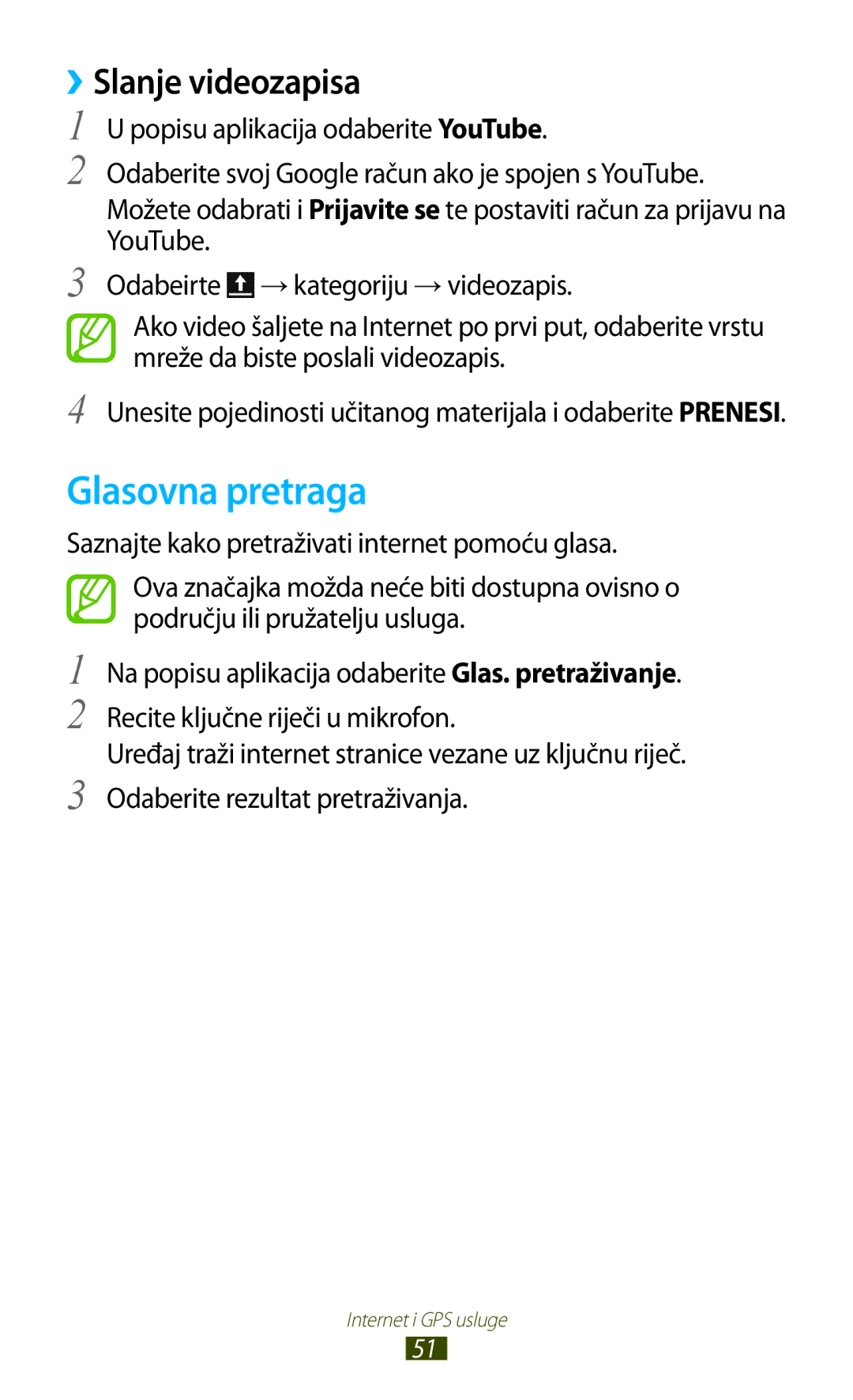 Samsung GT-P3100TSASMO, GT-P3100ZWATRA, GT-P3100ZWAVIP, GT-P3100TSEVIP manual Glasovna pretraga, ››Slanje videozapisa 