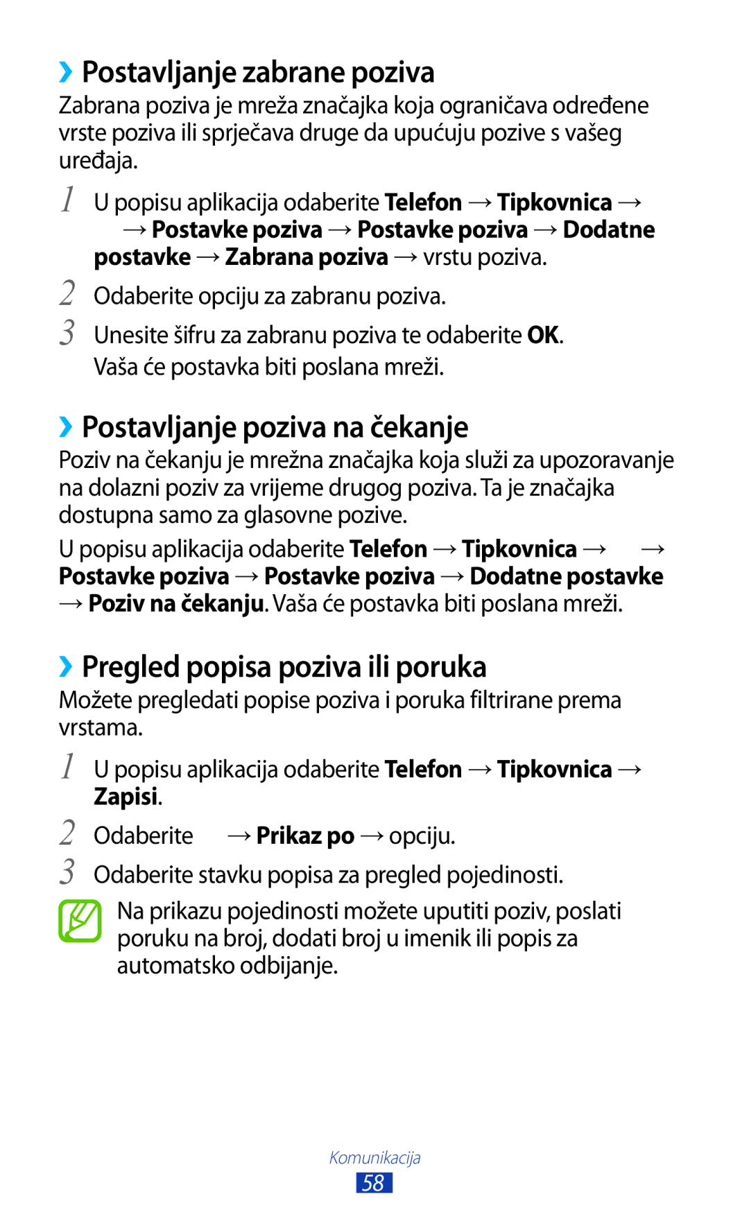 Samsung GT-P3100TSEVIP ››Postavljanje zabrane poziva, ››Postavljanje poziva na čekanje, ››Pregled popisa poziva ili poruka 