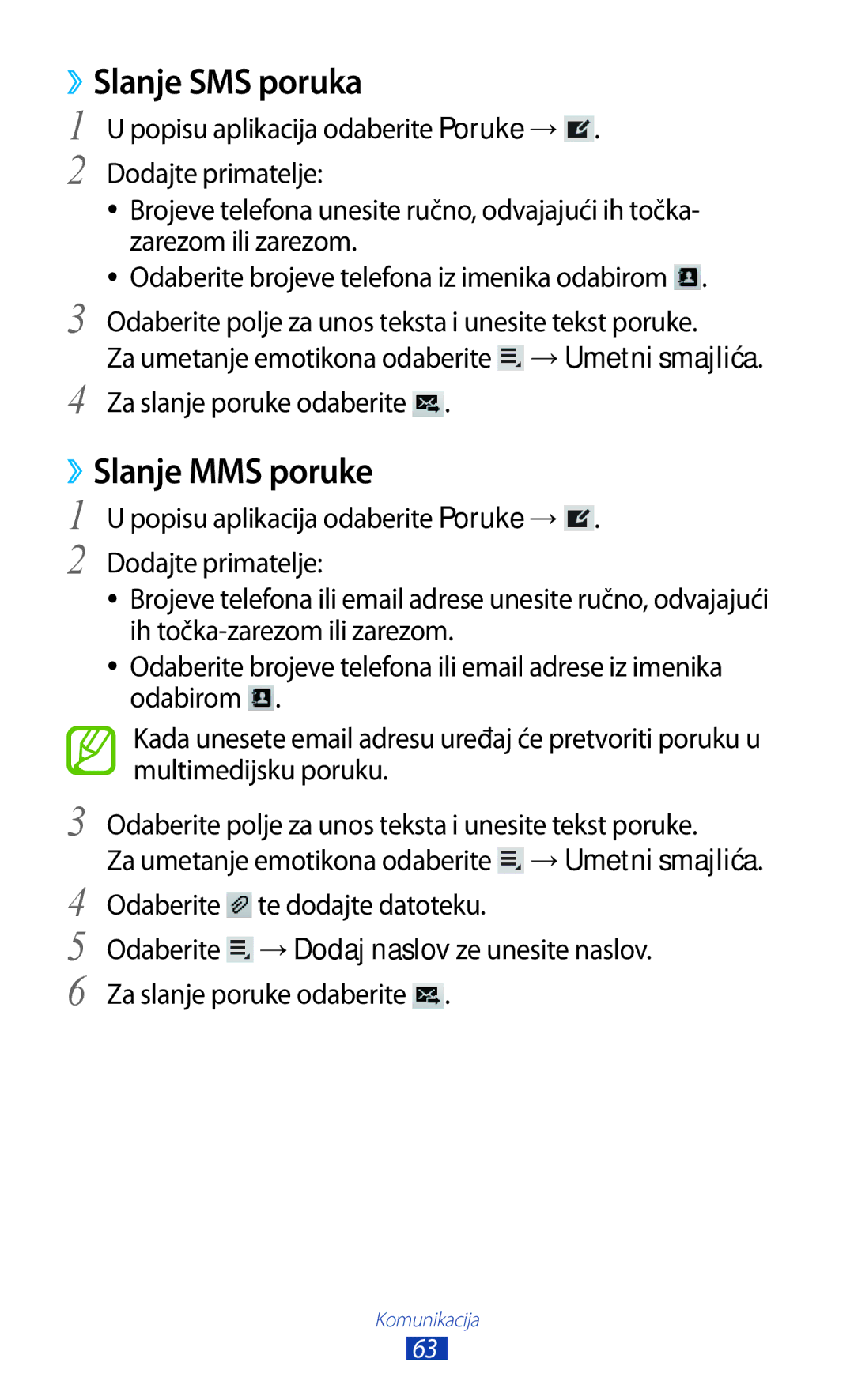 Samsung GT-P3100TSETWO, GT-P3100ZWATRA, GT-P3100ZWAVIP, GT-P3100TSEVIP manual ››Slanje SMS poruka, ››Slanje MMS poruke 