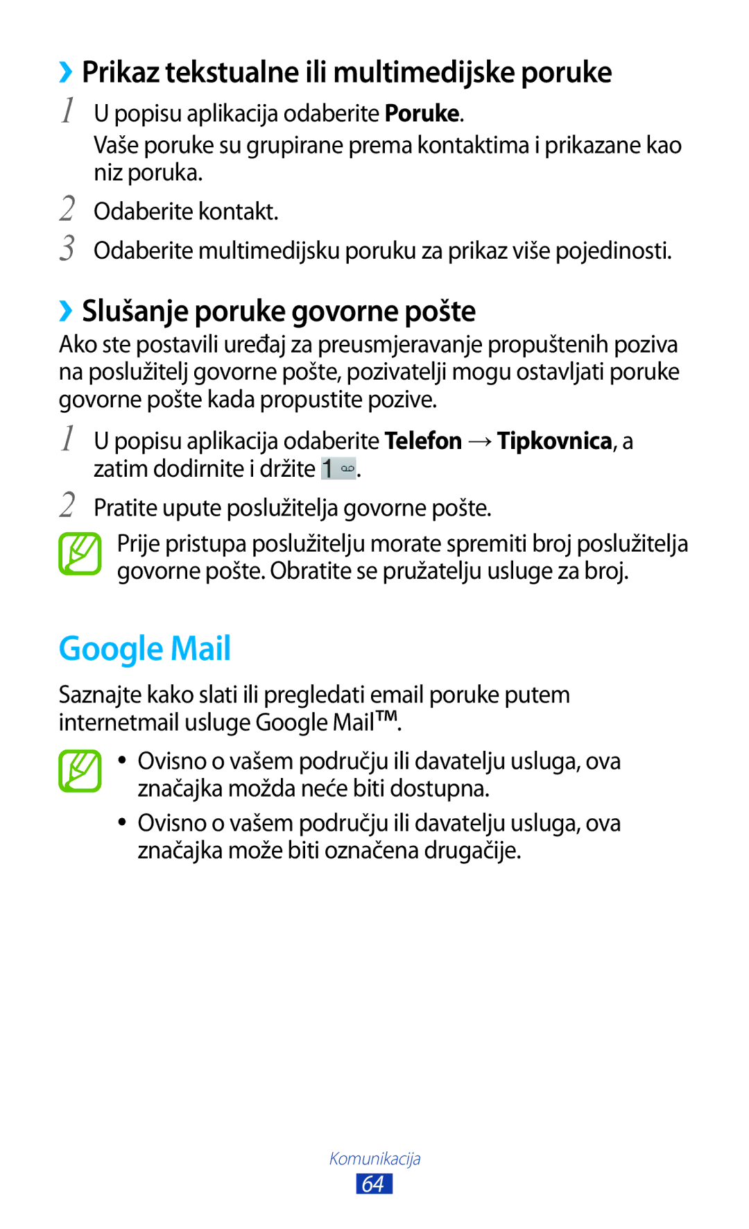 Samsung GT-P3100ZWATRA manual Google Mail, ››Prikaz tekstualne ili multimedijske poruke, ››Slušanje poruke govorne pošte 