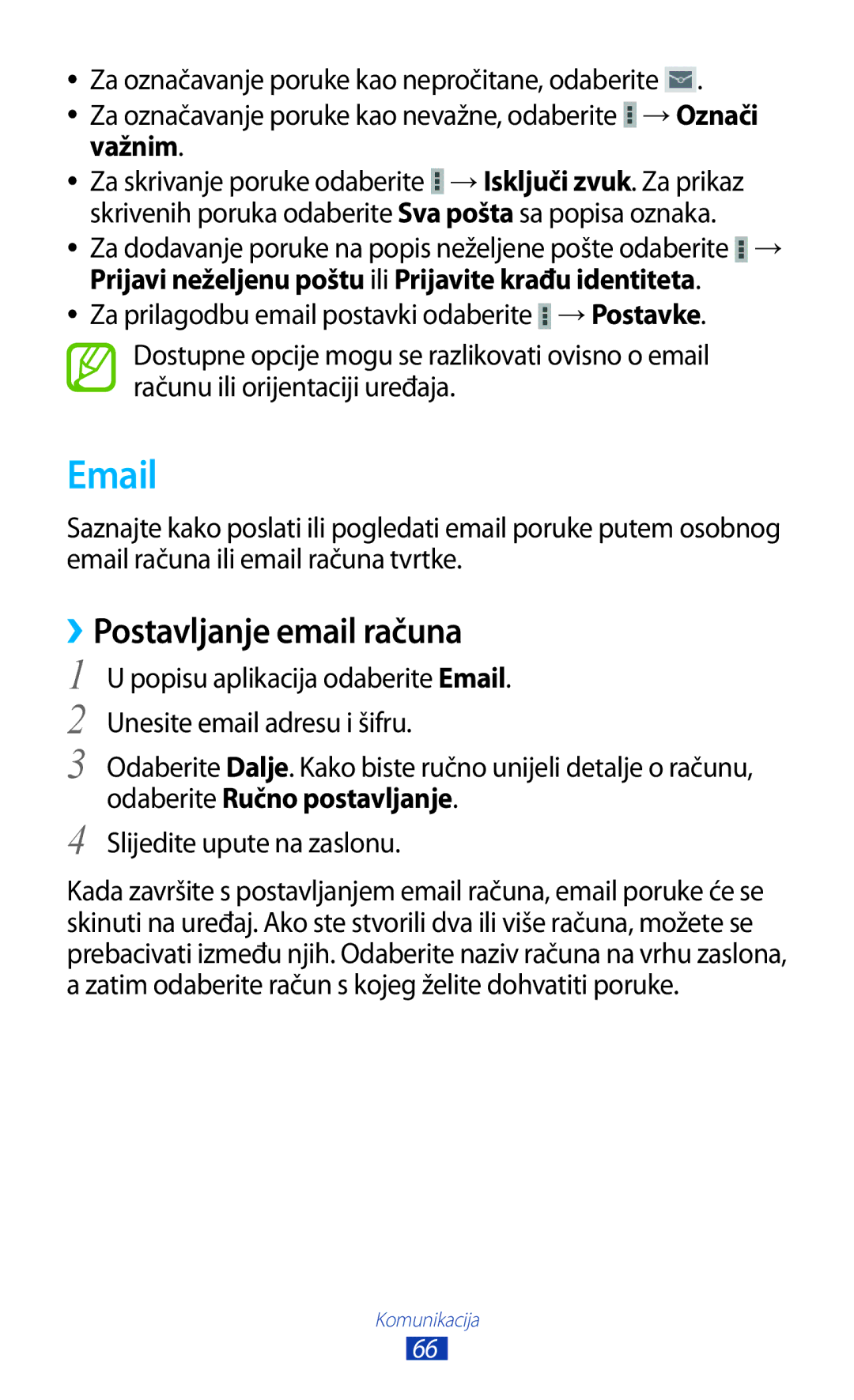 Samsung GT-P3100TSEVIP, GT-P3100ZWATRA, GT-P3100ZWAVIP, GT-P3100TSASMO, GT-P3100TSAVIP manual ››Postavljanje email računa 